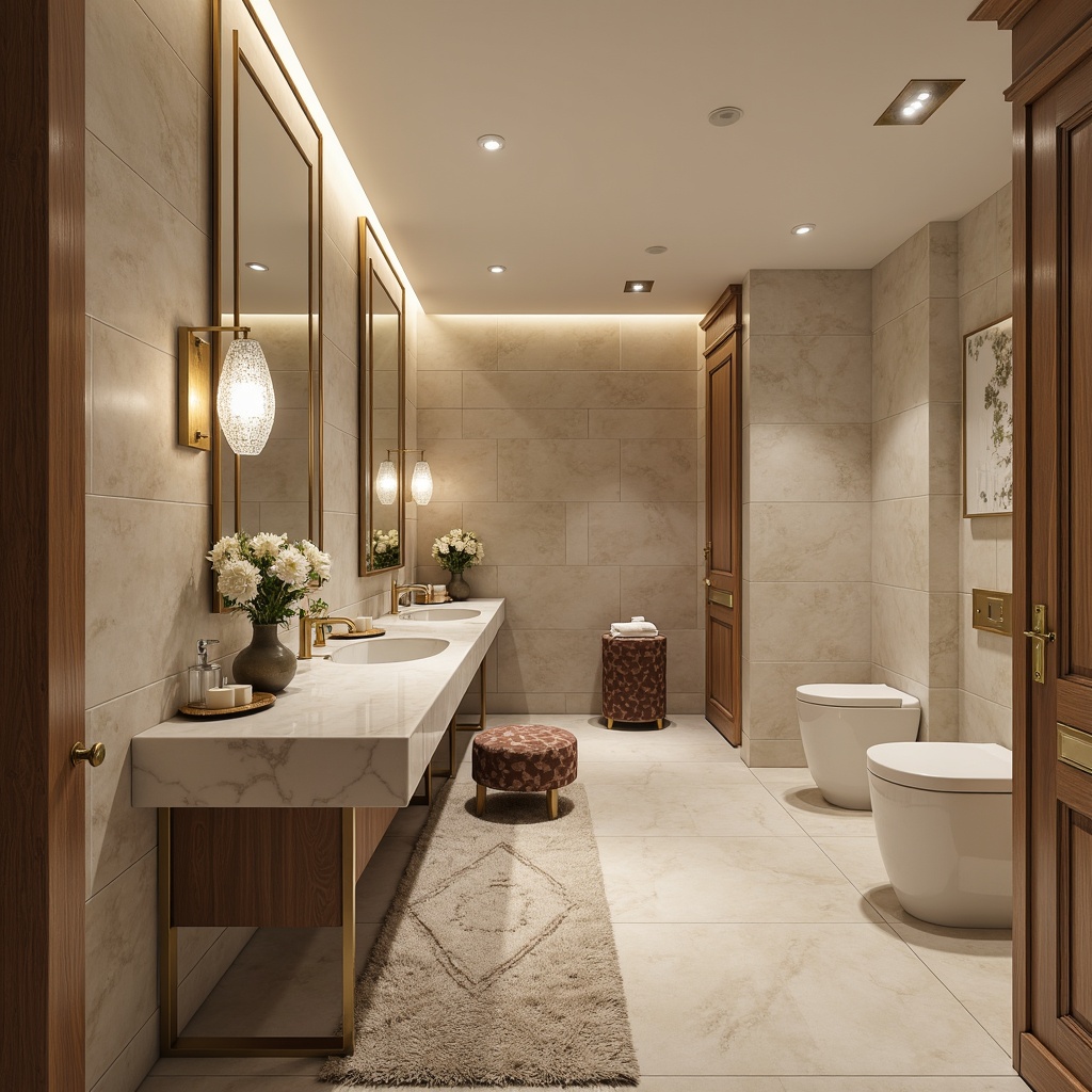 Prompt: Luxurious powder room, modern streamline decor, sleek metallic accents, soft warm lighting, marble countertops, ornate mirrors, velvet upholstered stools, delicate floral patterns, subtle scent diffusers, ambient gentle music, refined minimalist architecture, neutral beige color palette, elegant wall sconces, crystal glass fixtures, lavish gold hardware, plush area rugs, calming serene atmosphere, 1/1 composition, shallow depth of field, soft focus blur.