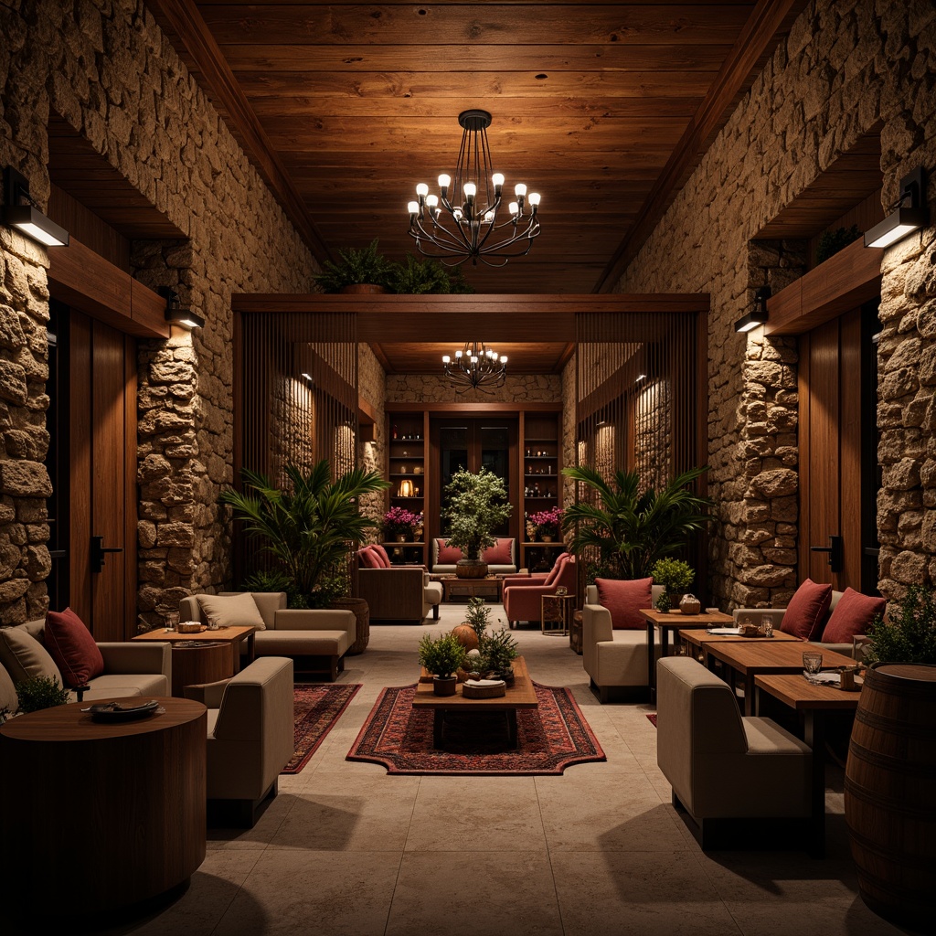 Prompt: Rich wine cellar, dark wood tones, warm earthy colors, dimmed lighting, stone walls, wooden barrels, rustic metal accents, intimate ambiance, soft warm glow, cozy atmosphere, elegant chandeliers, refined furniture, luxurious fabrics, subtle patterns, earthy scent, aged wood aroma, vintage wine labels, sophisticated decor.