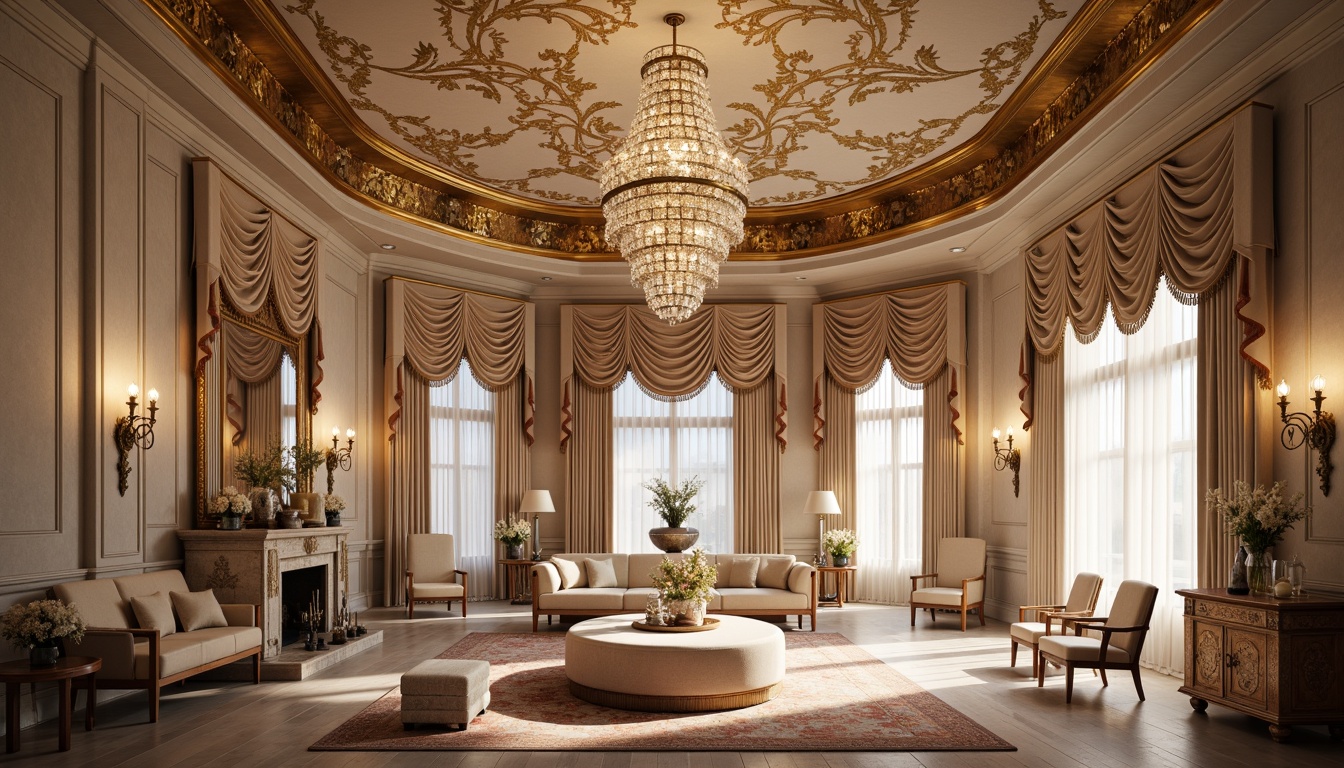 Prompt: Luxurious velvet fabrics, intricate golden embroidery, soft pastel hues, ornate patterns, delicate lace trimmings, rich silk textures, ornamental tassels, French rocaille motifs, carved wooden accents, crystal chandeliers, opulent drapery, lavish furnishings, grandiose proportions, curved lines, soft warm lighting, shallow depth of field, 1/1 composition, realistic reflections, ambient occlusion.