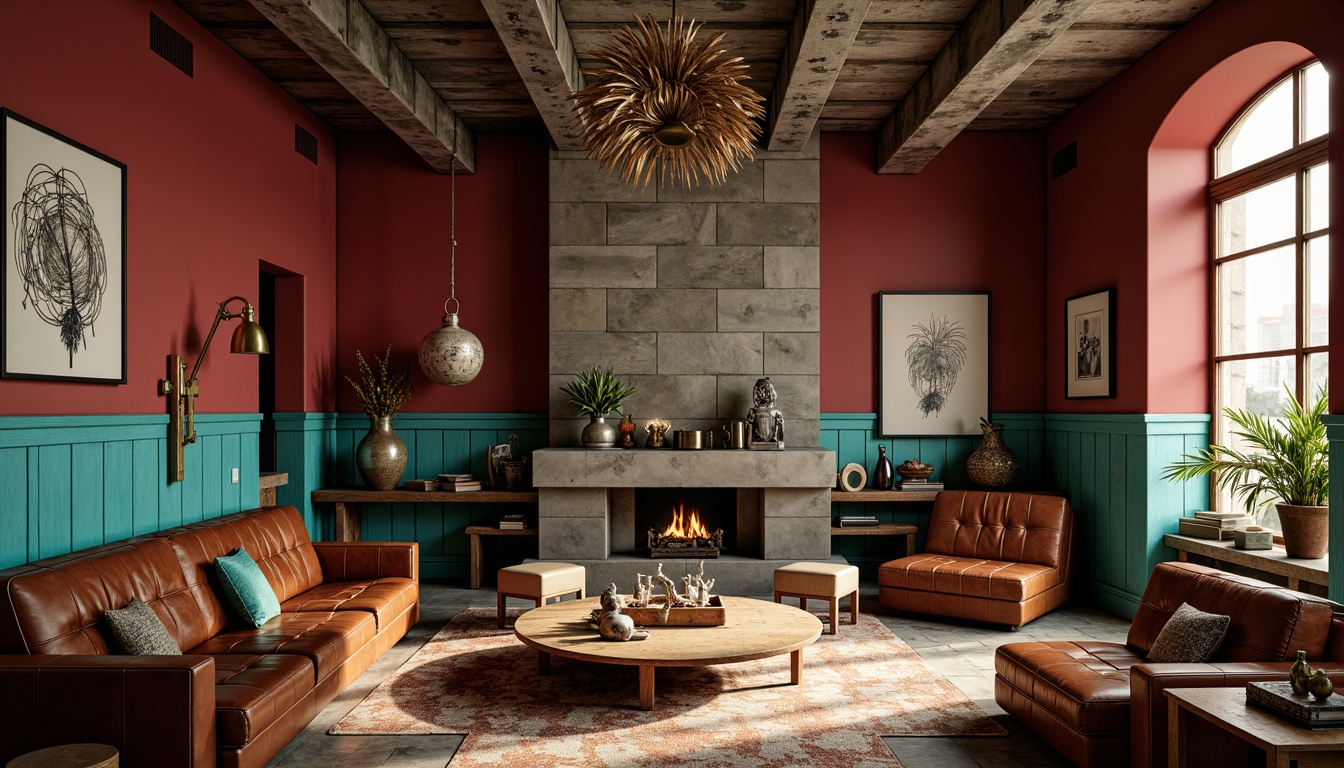 Prompt: Rich maroon walls, bold geometric patterns, vibrant turquoise accents, industrial metal fixtures, reclaimed wood textures, distressed leather upholstery, abstract art pieces, eclectic decorative objects, avant-garde sculptures, brutalist concrete structures, warm golden lighting, shallow depth of field, 1/1 composition, cinematic mood, moody atmospheric effects, realistic shadows, high-contrast rendering.