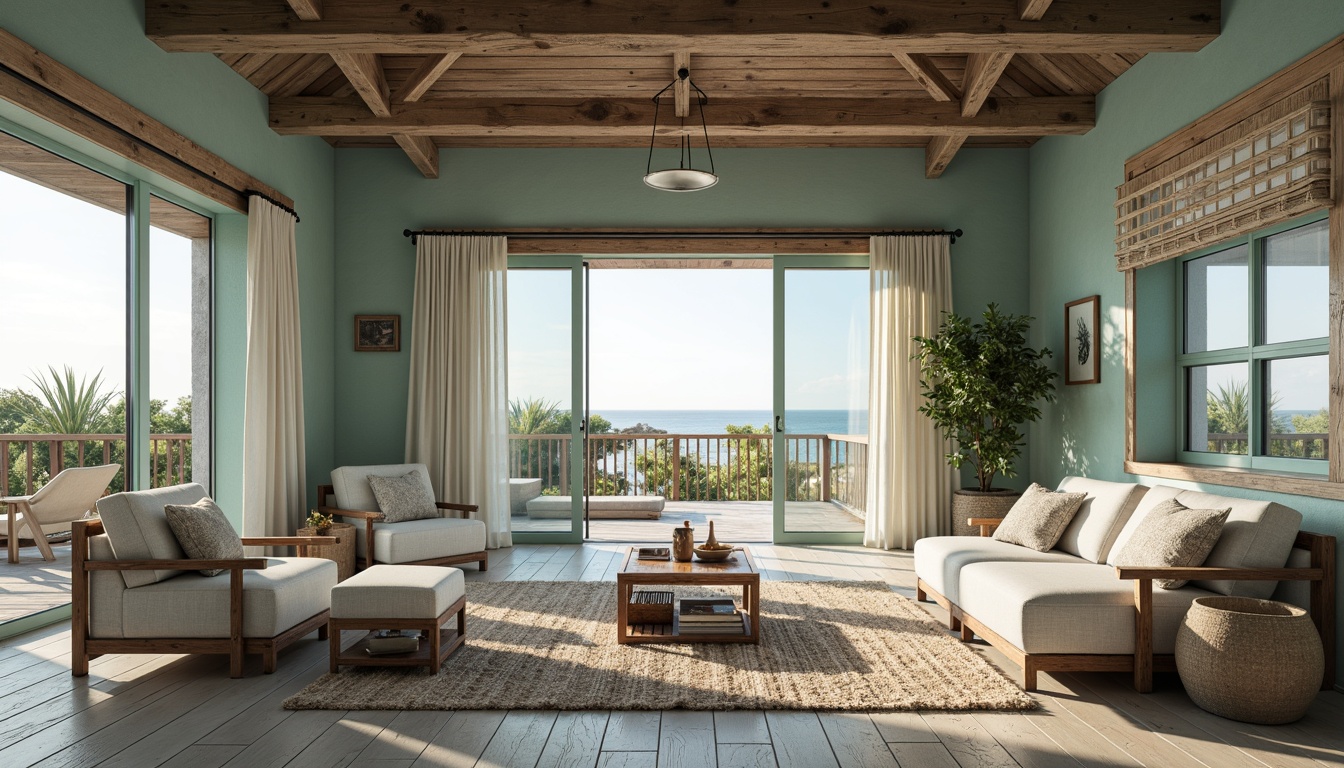 Prompt: \Coastal-style beach house, weathered wood accents, driftwood gray, seafoam green, calming blue hues, sandy beige, ocean-inspired color palette, natural textures, woven fibers, nautical ropes, vintage marine elements, distressed finishes, soft warm lighting, shallow depth of field, 1/1 composition, serene atmosphere, realistic renderings, ambient occlusion.\