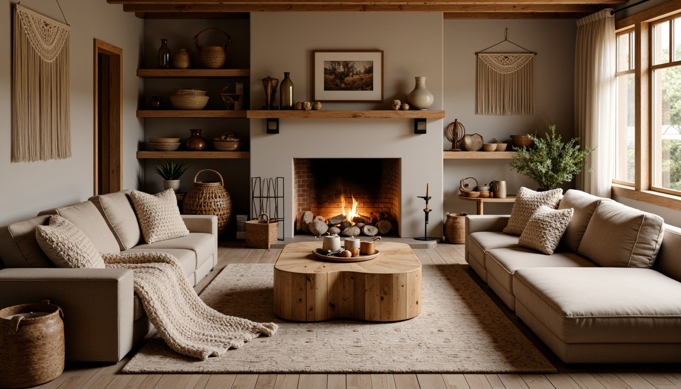 Prompt: Cozy living room, plush throw blankets, soft velvety sofas, warm beige tones, natural wood accents, crackling fireplace, woven baskets, chunky knit pillows, macrame wall hangings, Moroccan-inspired tiles, ambient warm lighting, shallow depth of field, 1/1 composition, realistic textures, inviting atmosphere.