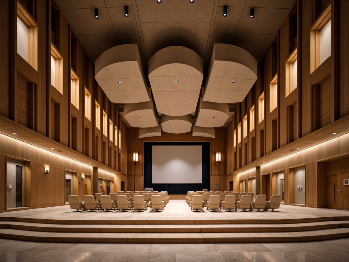 Prompt: Streamlined auditorium interior, modern minimalist aesthetic, curved acoustic panels, sound-absorbing materials, wood veneer finishes, sleek metal accents, recessed lighting, tiered seating, expansive open space, high ceilings, dramatic vertical lines, geometric patterns, warm neutral color palette, soft indirect lighting, 1/1 composition, shallow depth of field, realistic textures, ambient occlusion.