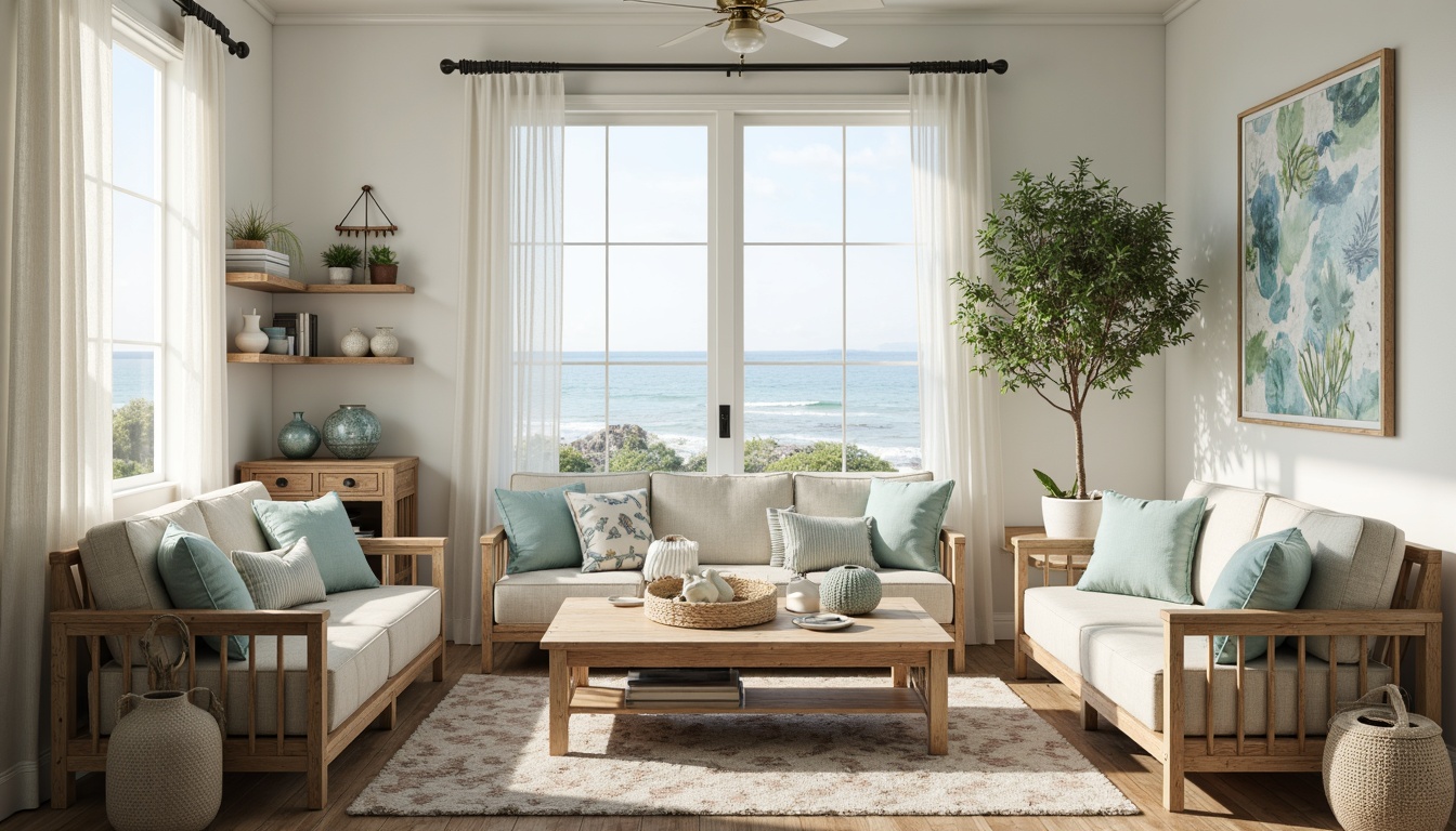 Prompt: Coastal cottage, driftwood decor, sea glass vases, coral patterned rugs, woven wicker furniture, natural linen upholstery, distressed wood accents, ocean-inspired artwork, shell wind chimes, beachy color palette, soft blue hues, creamy whites, warm beige tones, ambient sunlight, soft focus, shallow depth of field, 1/1 composition, intimate atmosphere, realistic textures, subtle grain.