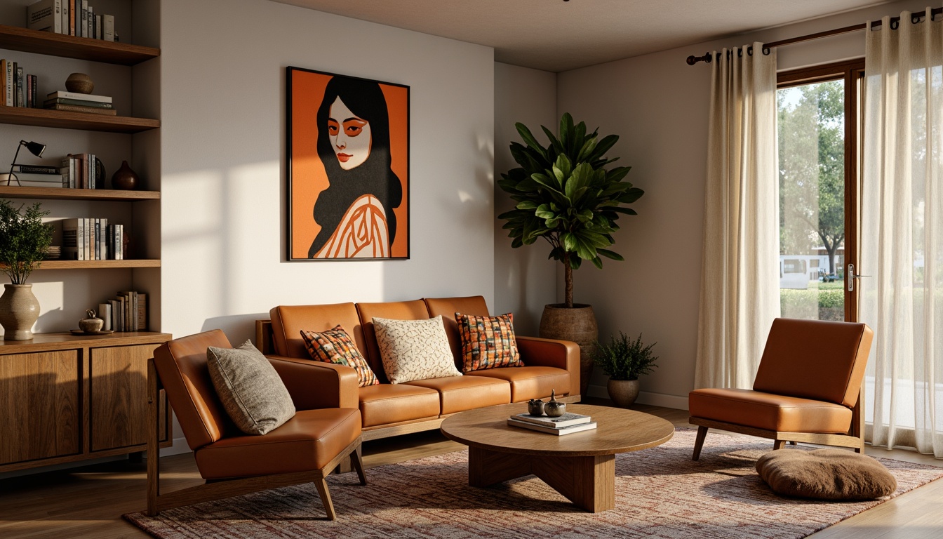 Prompt: Mid-century modern living room, retro furniture, vintage decor, rich wood tones, geometric patterns, bold graphic prints, natural fibers, woven textiles, earthy color palette, organic shapes, subtle texture contrasts, warm ambient lighting, 1/1 composition, shallow depth of field, realistic render.