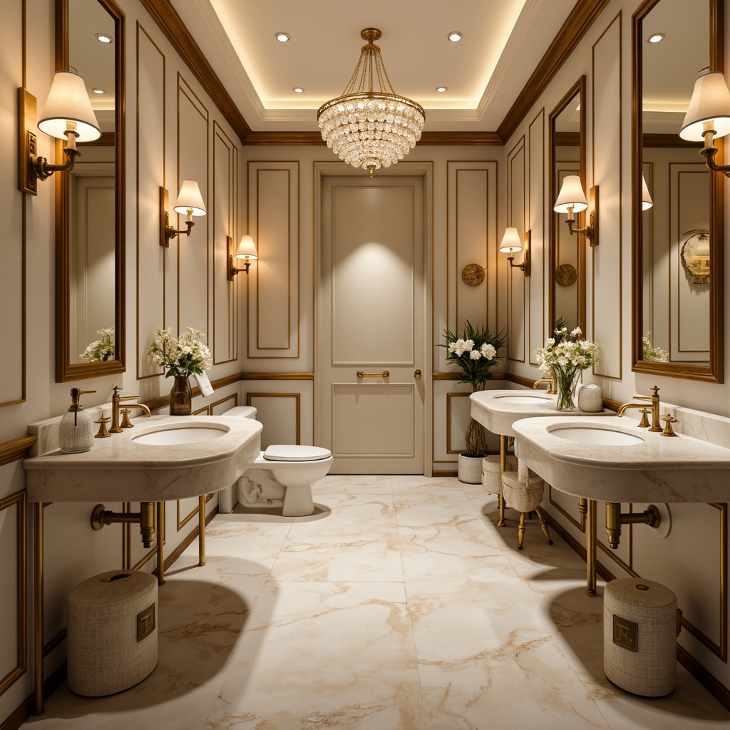 Prompt: Luxurious powder room, streamline moderne style, soft warm lighting, elegant fixtures, crystal chandeliers, ambient glow, creamy white marble countertops, ornate gold accents, delicate florals, velvety textures, subtle sheen, intimate setting, 1/1 composition, shallow depth of field, realistic reflections, morning light, gentle shadows.