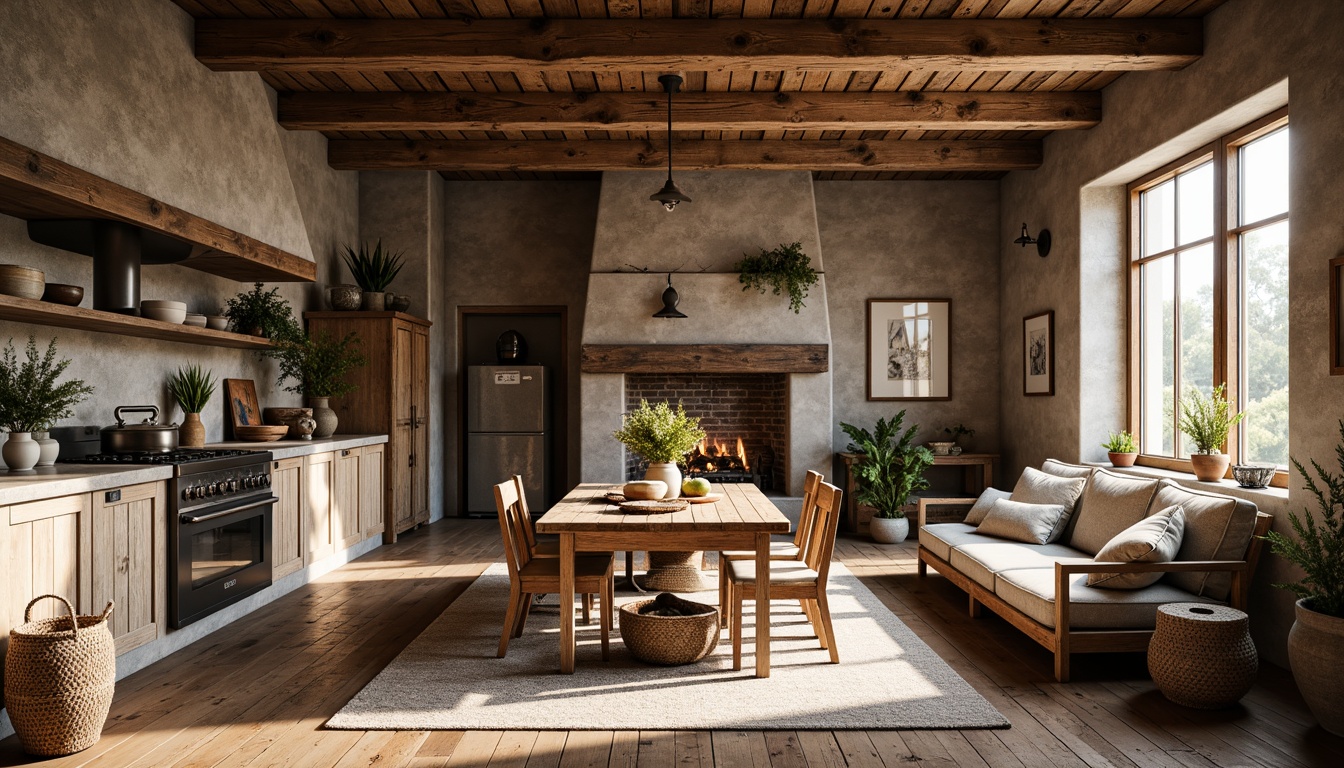 Prompt: Rustic farmhouse, vintage decor, distressed wood furniture, natural textiles, earthy color palette, woven baskets, galvanized metal accents, reclaimed wooden beams, country-style kitchen, brick walls, stone fireplaces, soft warm lighting, shallow depth of field, 3/4 composition, panoramic view, realistic textures, ambient occlusion.