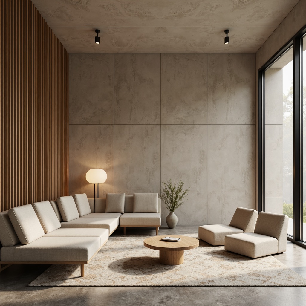 Prompt: Minimalist interior, neutral color palette, natural textures, rough-hewn wood accents, polished concrete floors, smooth stone surfaces, matte black metal frames, subtle patterned rugs, ambient soft lighting, warm beige walls, simplistic furniture designs, empty space emphasis, 1/1 composition, shallow depth of field, realistic material reflections.