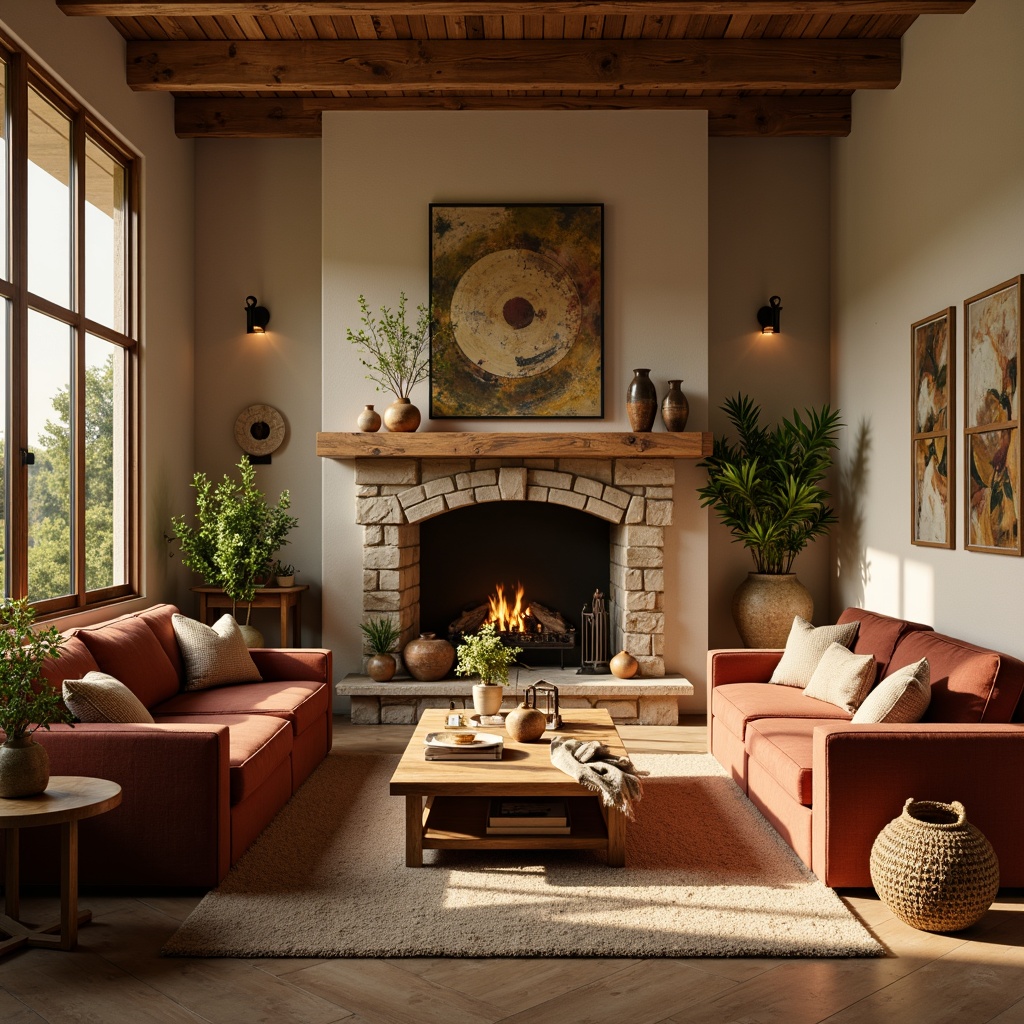 Prompt: Cozy living room, warm beige walls, rich walnut furniture, plush velvet sofas, soft golden lighting, rustic wooden accents, natural stone fireplace, earthy terracotta vases, vibrant greenery, lush plants, calming ambiance, 1/1 composition, shallow depth of field, soft focus, warm color grading.