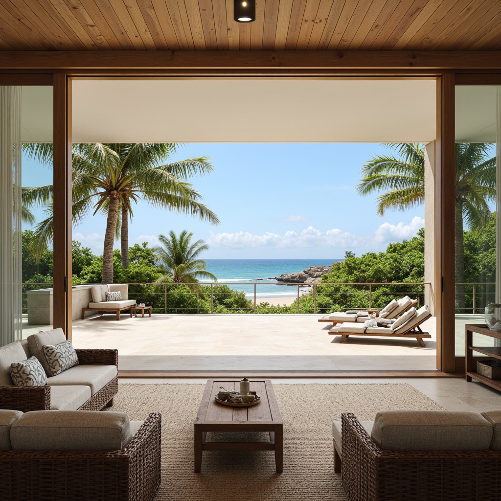 Prompt: Seaside coastal villa, expansive open spaces, natural light-filled interiors, airy floor-to-ceiling windows, sliding glass doors, beachy wooden accents, driftwood decorations, ocean-inspired color palette, calming blues and whites, soft sandy textures, woven wicker furniture, plush seaside-themed upholstery, lush greenery, tropical plants, palm trees, outdoor lounge areas, sunny day, warm golden lighting, shallow depth of field, 1/1 composition, panoramic view, realistic ocean sounds, ambient occlusion.