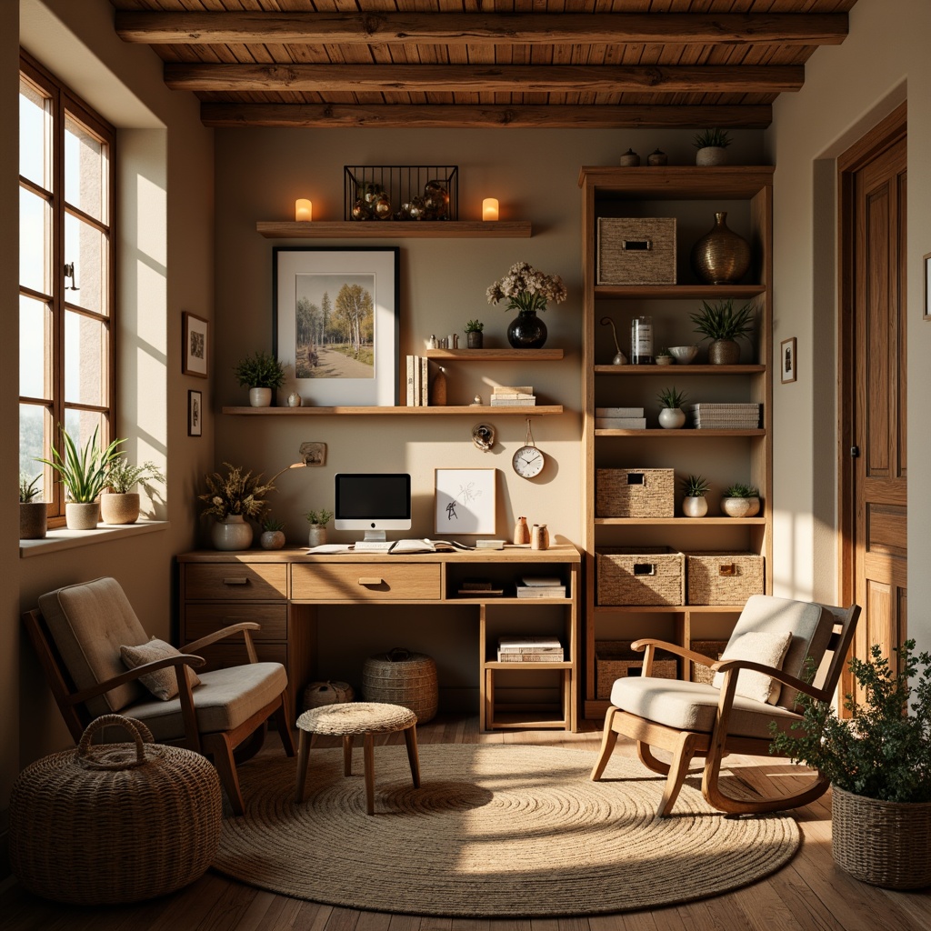 Prompt: Cozy craft room, warm coffee tones, rich wood accents, earthy brown furniture, creamy beige walls, soft golden lighting, textured woven baskets, natural fiber rugs, vintage wooden crates, distressed metal decor, eclectic art pieces, rustic wooden shelves, aromatic scented candles, soothing ambient atmosphere, shallow depth of field, 1/1 composition, warm and inviting color scheme, realistic textures, ambient occlusion.