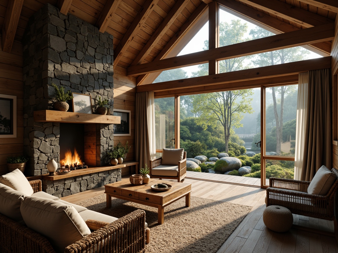 Prompt: Earthy cabin, wooden accents, stone fireplace, reclaimed wood walls, natural textiles, woven baskets, rattan furniture, earthy color palette, moss-covered stones, forest surroundings, misty morning, soft warm lighting, shallow depth of field, 3/4 composition, panoramic view, realistic textures, ambient occlusion.