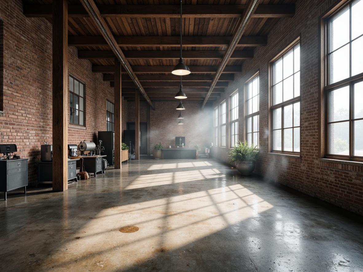 Prompt: Rustic warehouse interior, exposed steel beams, reclaimed wood accents, distressed brick walls, polished concrete floors, metal columns, industrial pendant lights, minimalist decor, vintage factory equipment, urban loft atmosphere, natural light pouring through large windows, atmospheric mist, high ceilings, open space layout, 3/4 composition, realistic textures, ambient occlusion.