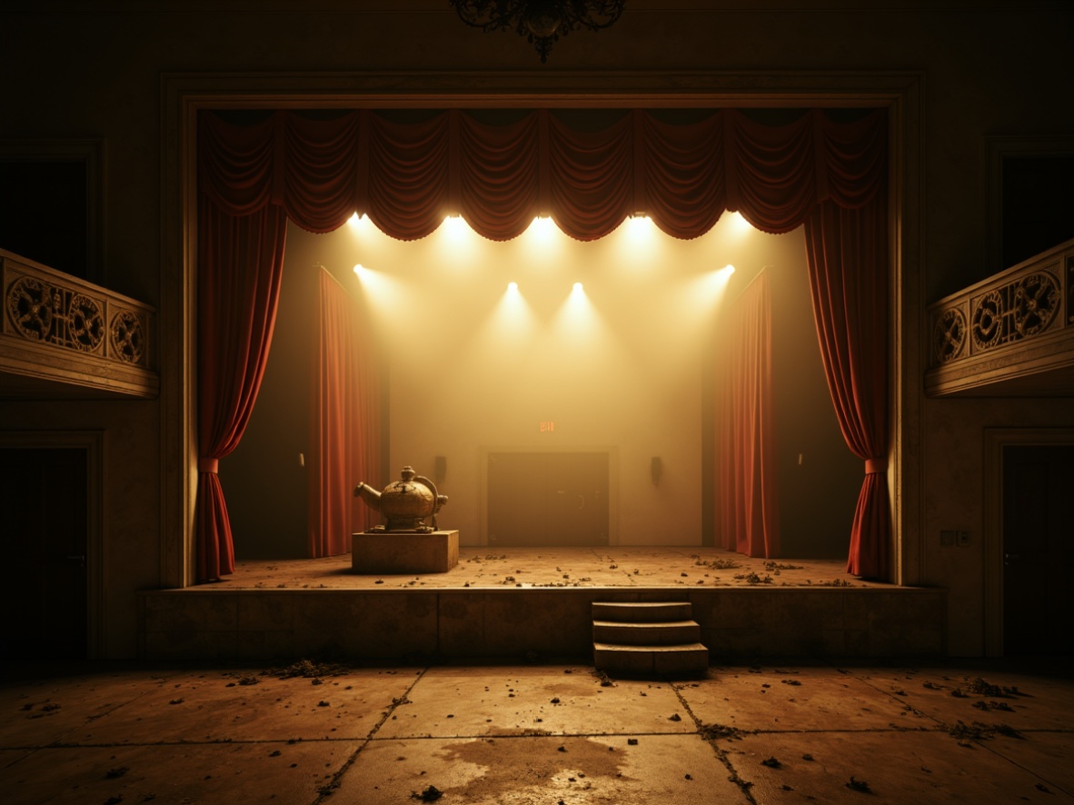 Prompt: Mysterious abandoned theater, dimly lit stage, foggy atmosphere, spotlights on rusty props, warm golden tones, soft shadows, cinematic flair, ornate architectural details, velvet curtains, distressed textures, subtle color grading, high contrast ratio, low-key lighting, dramatic silhouettes, eerie ambient sounds, creepy sound effects, 1/2 composition, shallow depth of field, film grain texture, nostalgic cinematic feel.