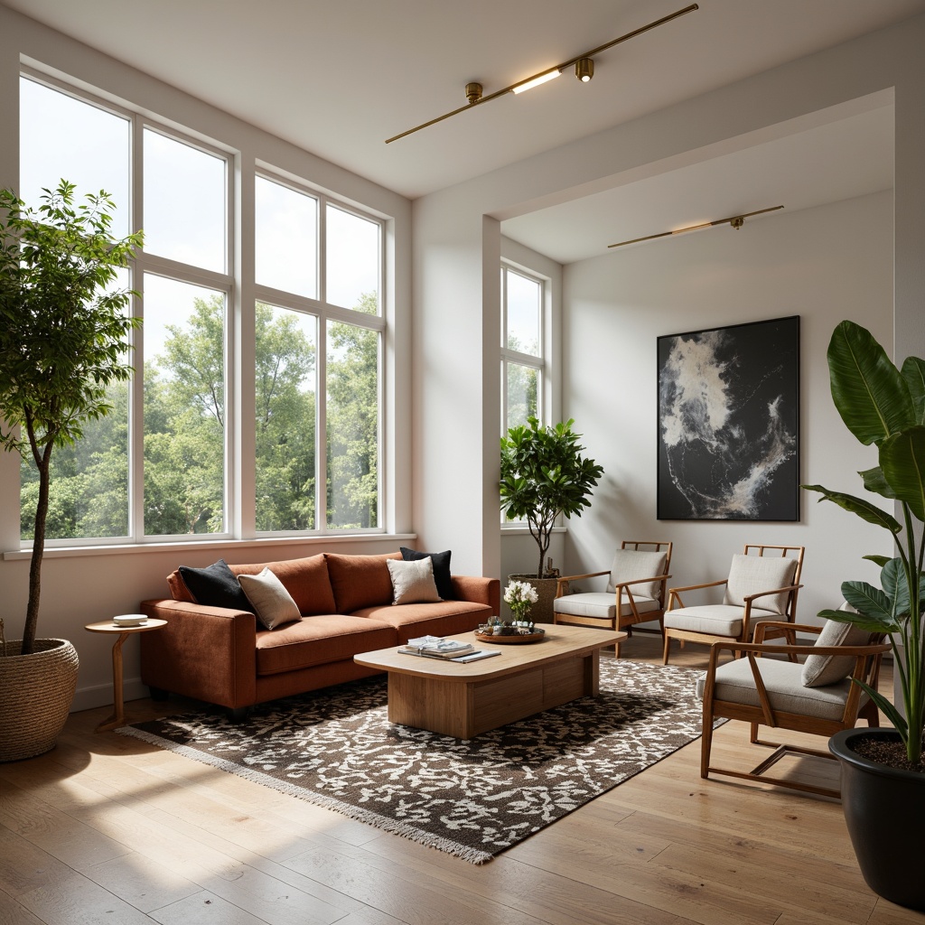 Prompt: Elegant living room, mid-century modern sofa, velvet upholstery, wooden coffee table, geometric-patterned rug, floor-to-ceiling windows, natural light, minimalist decor, vintage armchairs, brass lighting fixtures, greenery, indoor plants, abstract artwork, warm neutral color palette, cozy atmosphere, shallow depth of field, 2/3 composition, realistic textures, ambient occlusion.