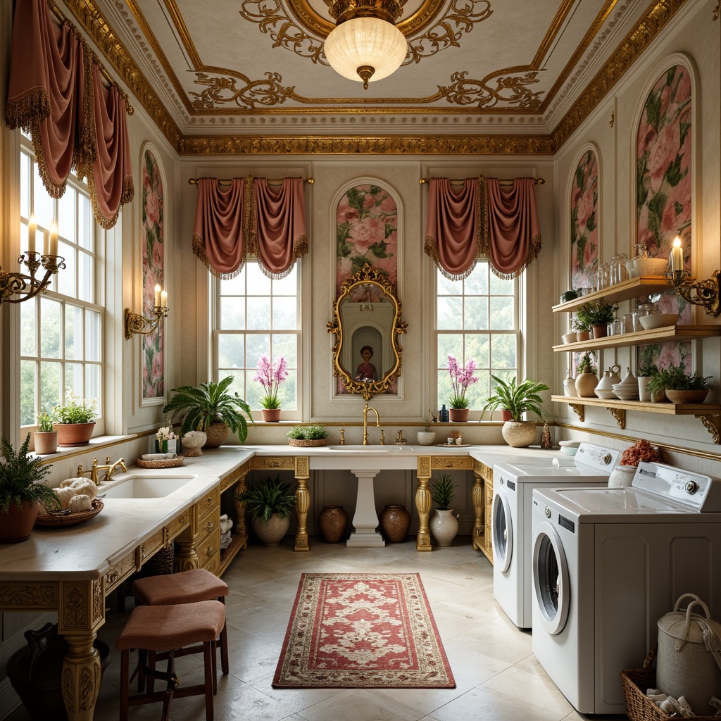 Prompt: Intricate laundry room, ornate gold accents, lavish rococo details, soft pastel colors, delicate florals, curved lines, shell-shaped decorations, velvet fabrics, crystal chandeliers, marble countertops, porcelain sinks, antique furniture, distressed finishes, warm candlelight, shallow depth of field, 1/1 composition, realistic textures, ambient occlusion.