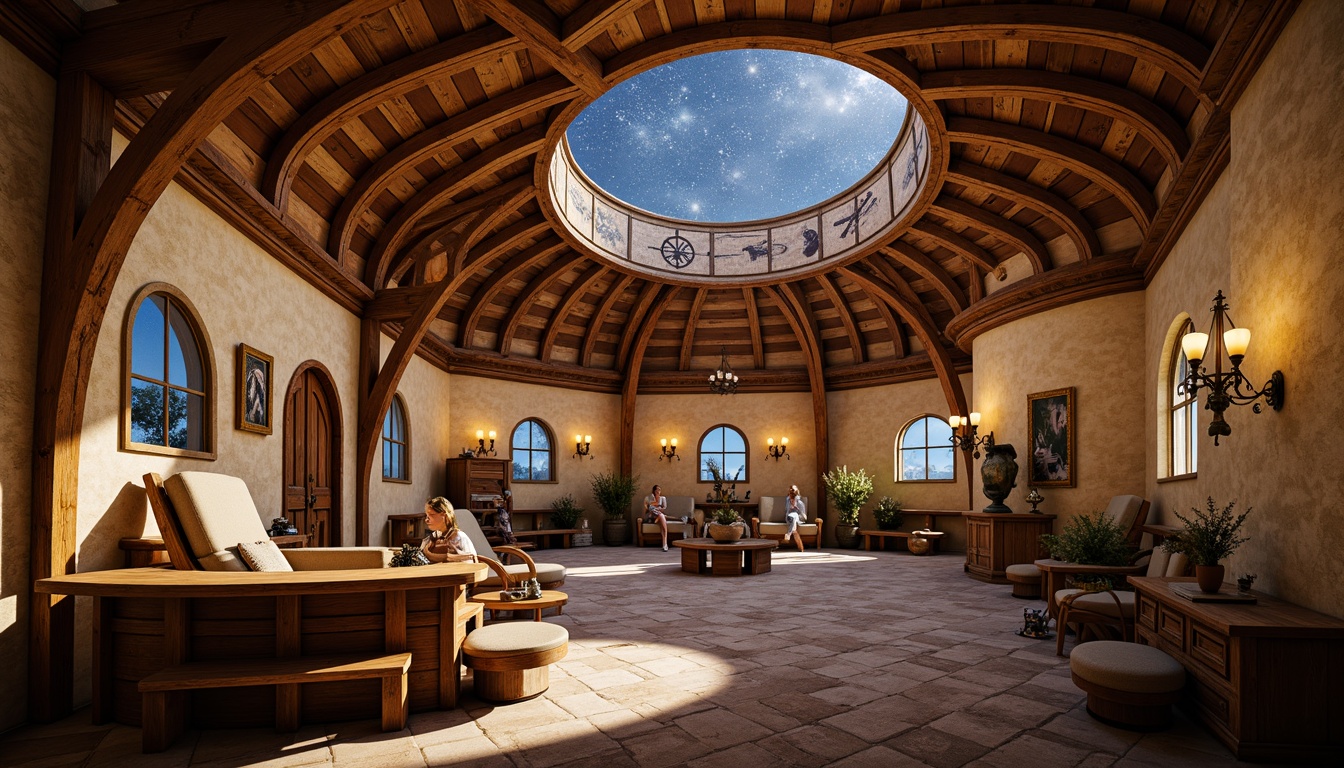 Prompt: Rustic planetarium interior, French country style chandeliers, starry night sky projections, curved wooden beams, ornate metalwork, creamy stone walls, soft warm lighting, cozy seating areas, vintage astronomical instruments, distressed wood accents, celestial body installations, romantic ambiance, dreamy atmosphere, shallow depth of field, 1/1 composition, realistic textures, ambient occlusion.