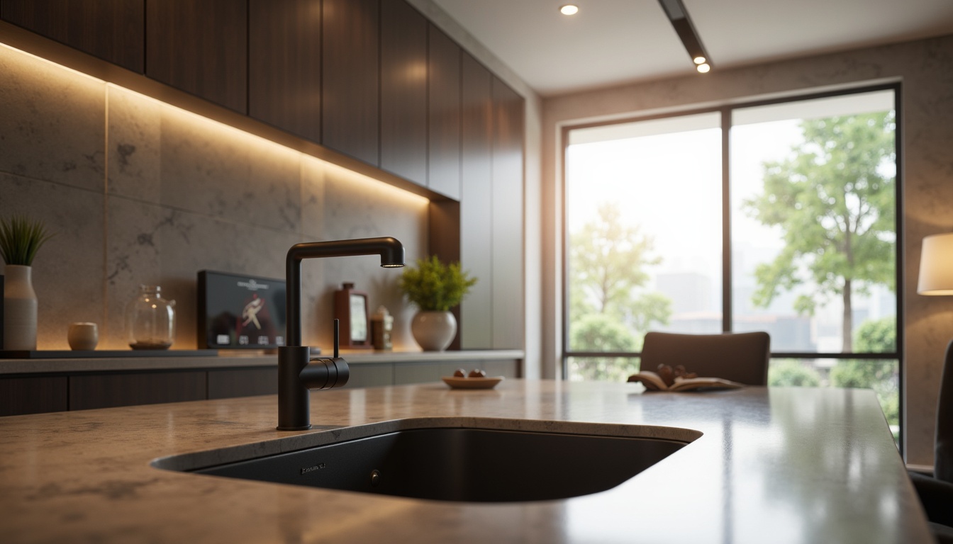 Prompt: Sleek modern kitchen, minimalist aesthetic, stainless steel faucet, single-handle control, waterfall spout, LED temperature display, matte black finish, wall-mounted design, geometric patterns, ambient lighting, warm neutral tones, polished chrome accents, high-arc spout, 360-degree rotation, ergonomic grip, touchless sensor operation, contemporary sink basin, stone countertops, large windows, natural daylight, shallow depth of field, 2/3 composition, soft focus effect.