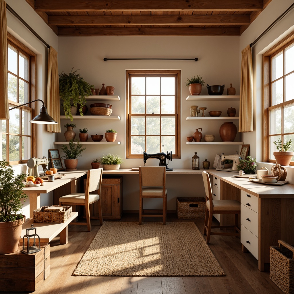 Prompt: Cozy craft room, warm coffee tones, rich brown wood furniture, creamy white shelves, earthy terracotta pots, soft beige curtains, vintage sewing machines, woven baskets, natural jute rugs, distressed wooden crates, rustic metal lanterns, warm golden lighting, shallow depth of field, 1/1 composition, realistic textures, ambient occlusion.