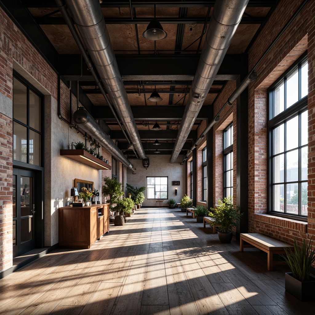 Prompt: Exposed brick walls, metal beams, reclaimed wood flooring, industrial-style lighting fixtures, distressed finishes, urban loft atmosphere, converted warehouse aesthetic, minimalist decor, functional simplicity, neutral color palette, raw concrete textures, mechanical details, functional pipes, metallic accents, vintage manufacturing equipment, old factory ambiance, high ceilings, open spaces, natural light pouring in, dramatic shadows, cinematic composition, low-key lighting, gritty realism.