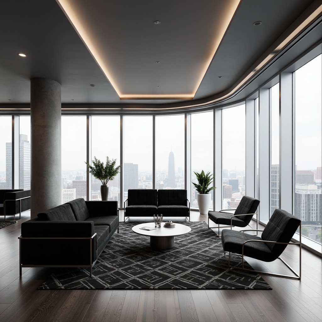 Prompt: Sleek modern interior, curved lines, monochromatic color scheme, polished chrome accents, luxurious velvet sofas, low-profile coffee tables, geometric patterned rugs, minimalist decor, floor-to-ceiling windows, cityscape views, soft diffused lighting, 1/1 composition, shallow depth of field, realistic textures, ambient occlusion.