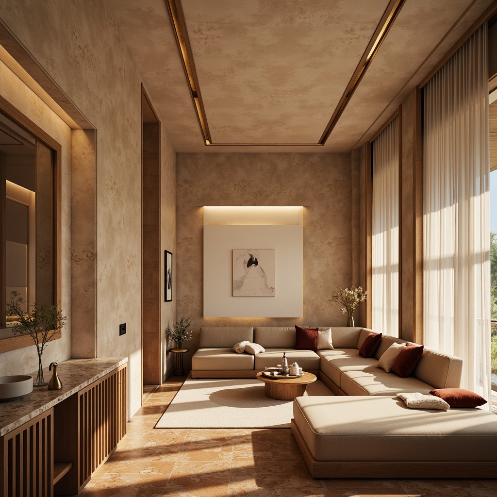 Prompt: Richly textured walls, warm beige tones, soft cream accents, luxurious velvet fabrics, metallic gold details, subtle wood grain patterns, earthy terracotta hues, natural stone flooring, elegant marble countertops, sophisticated chrome fixtures, ambient warm lighting, shallow depth of field, 1/1 composition, realistic textures, atmospheric rendering.