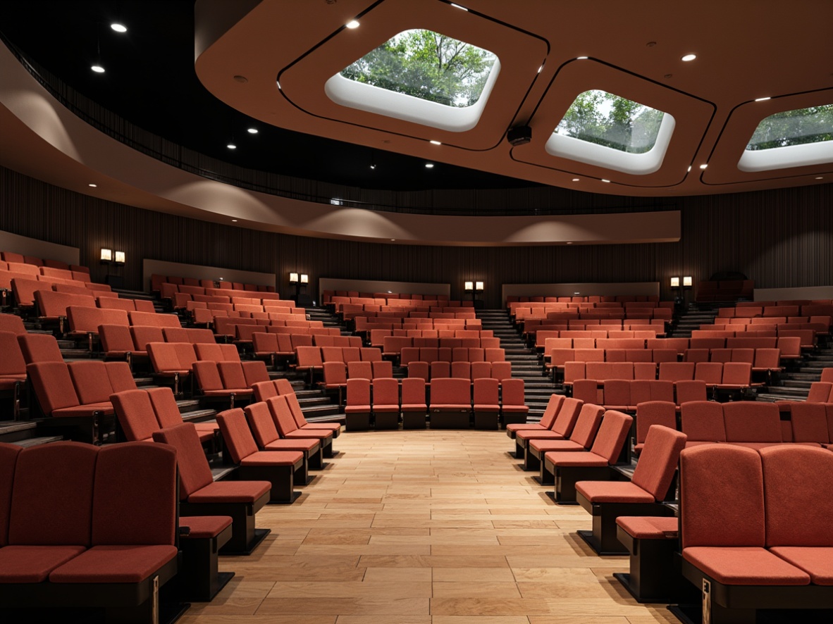 Prompt: Streamlined auditorium, modern minimalist design, curved rows of seats, plush velvet upholstery, chrome metal frames, adjustable armrests, staggered seating arrangement, tiered platforms, open floor plan, high ceiling, clerestory windows, natural daylight, soft warm lighting, ambient shadows, 1/1 composition, symmetrical framing, realistic textures, subtle reflections.