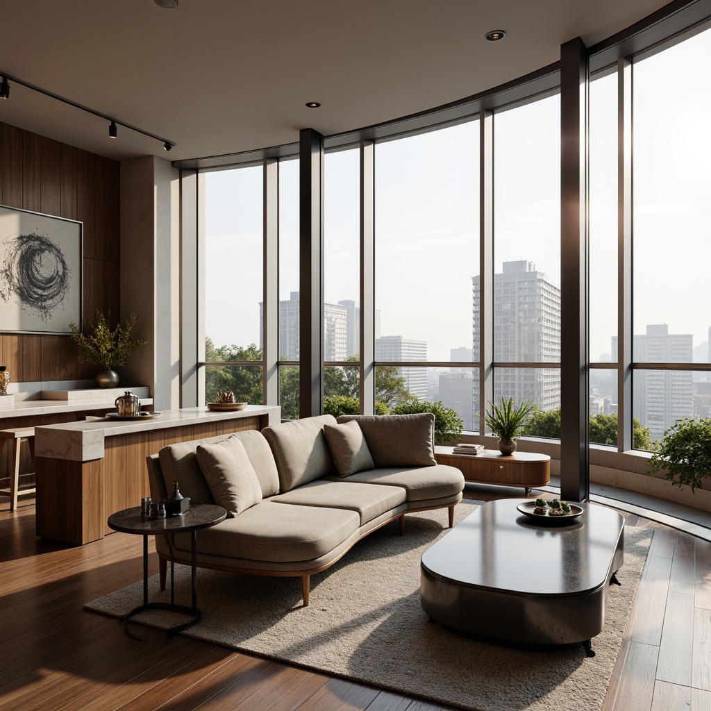 Prompt: Curved lines, minimal ornamentation, luxurious fabrics, polished metal accents, sleek low-profile furniture, velvet sofas, chrome coffee tables, geometric patterned rugs, floor-to-ceiling windows, urban cityscape views, morning natural light, soft warm glow, shallow depth of field, 2/3 composition, realistic textures, ambient occlusion, walnut wood panels, marble countertops, Scandinavian-inspired decor, abstract artwork, minimal color palette, neutral tones, functional simplicity.