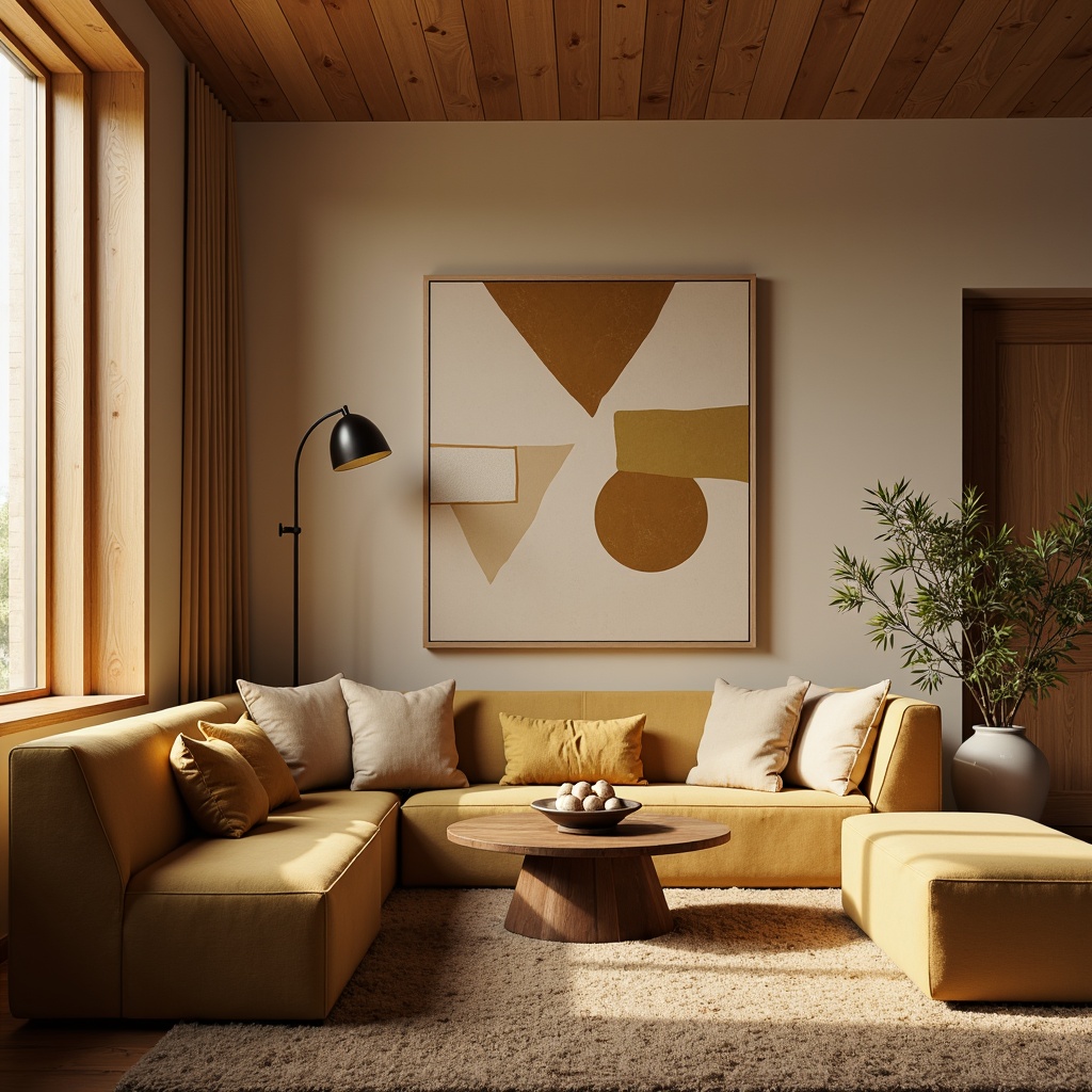 Prompt: \Cozy living room, warm beige walls, rich wood accents, plush velvet sofas, soft golden lighting, abstract geometric patterns, modern minimalist decor, calm atmosphere, serene ambiance, 1/1 composition, shallow depth of field, soft focus effect, realistic textures, ambient occlusion.\