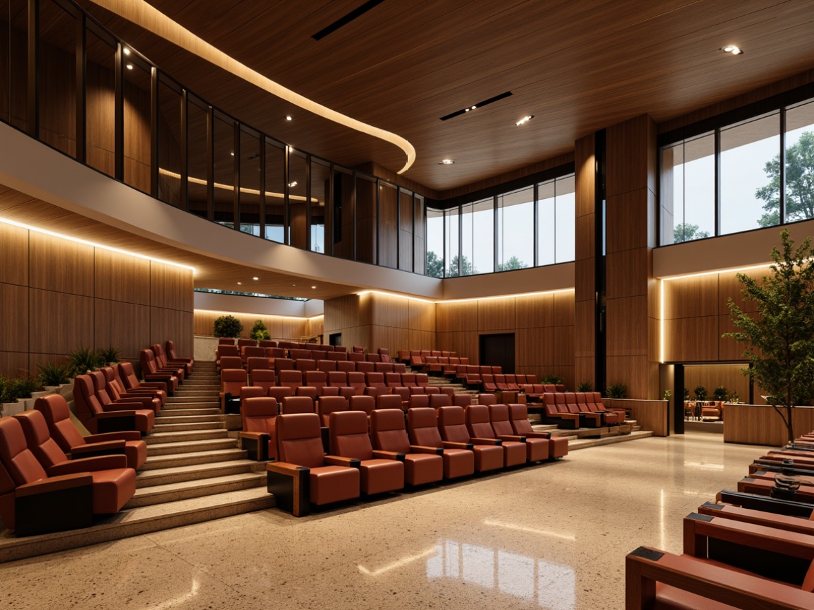 Prompt: Sleek auditorium, streamline moderne style, polished chrome accents, rich walnut wood paneling, luxurious velvet upholstery, subtle LED ambient lighting, smooth terrazzo flooring, minimalist metal railings, curved geometric lines, warm beige walls, dramatic ceiling height, expansive window openings, transparent glass partitions, natural stone feature walls, modern acoustic panels, premium leather seating, sophisticated sound systems, cinematic projection screens, atmospheric fog effects, softbox lighting, 1/1 composition, high-contrast colors, realistic reflections.