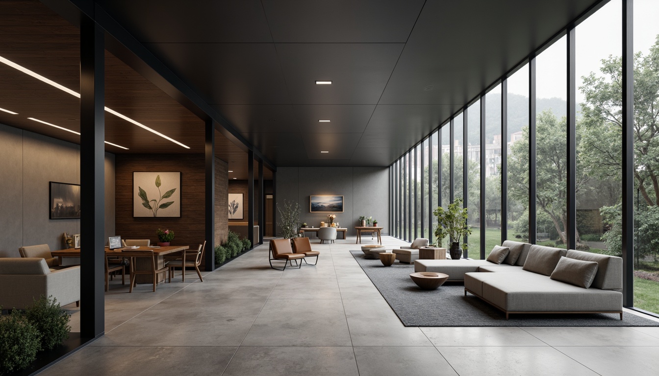 Prompt: Streamlined modern interior, monochromatic color scheme, soothing gray tones, accents of rich walnut wood, matte black metal frames, sleek glass surfaces, minimalist decor, ambient soft lighting, subtle texture variations, 1/1 composition, shallow depth of field, realistic reflections, atmospheric fog effects.