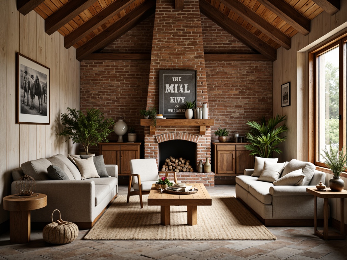 Prompt: Rustic farmhouse, reclaimed wood accents, distressed finishes, vintage decorative items, natural stone walls, earthy color palette, wooden beams, exposed brick, shiplap panels, farmhouse-style signage, galvanized metal decor, woven textiles, burlap fabrics, soft warm lighting, shallow depth of field, 1/1 composition, realistic textures, ambient occlusion.