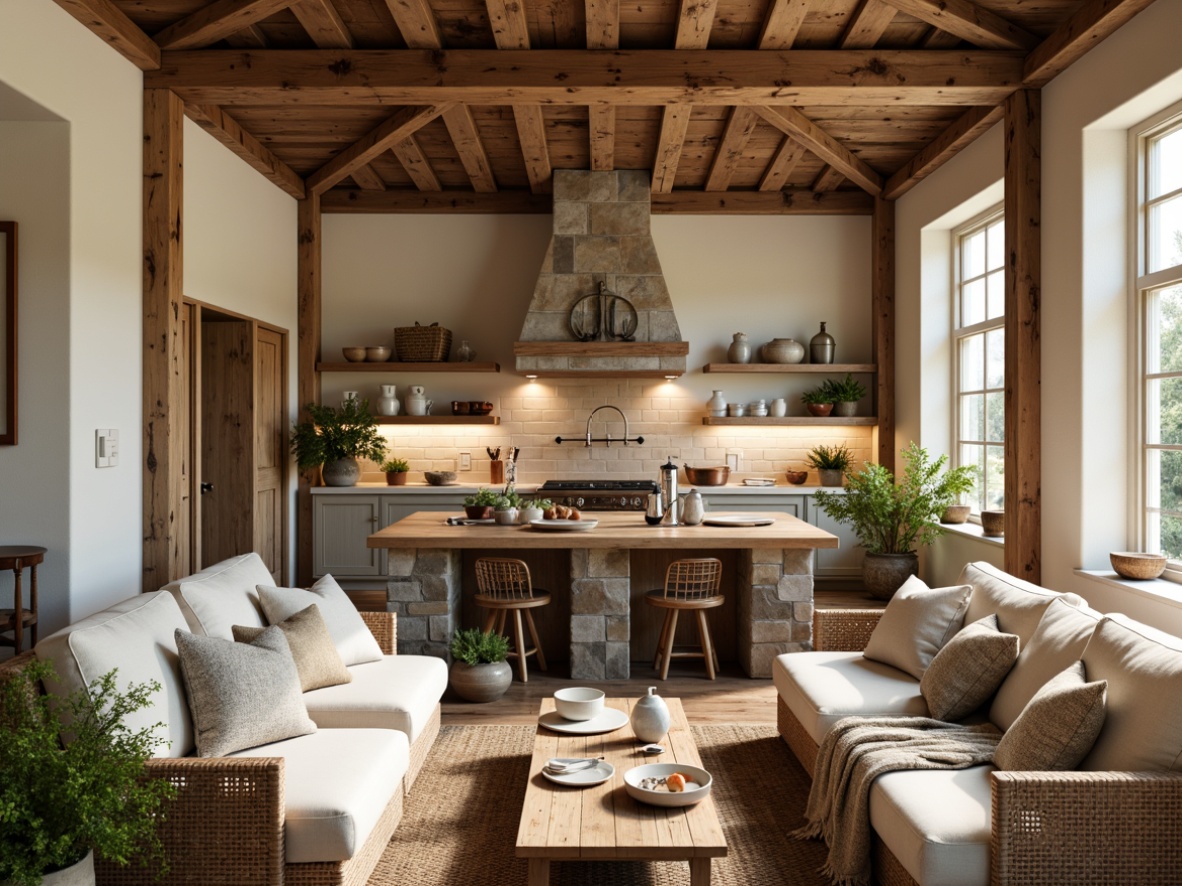 Prompt: Cozy farmhouse interior, earthy tones, natural materials, reclaimed wood accents, stone fireplaces, vintage farm tools, woven baskets, plush throw blankets, soft warm lighting, rustic metal lanterns, distressed wooden beams, country-style kitchen, ceramic tile backsplashes, copper kitchenware, fresh greenery, potted plants, natural fiber rugs, warm beige walls, creamy white trim, soft pastel colors, inviting atmosphere, 1/1 composition, shallow depth of field, realistic textures.