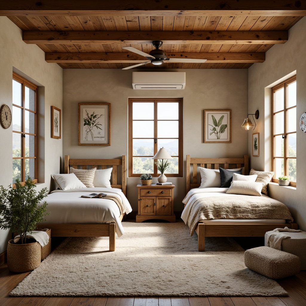 Prompt: Cozy farmhouse-style dormitory, plush area rugs, vintage-inspired furniture, rustic wooden accents, natural fiber textiles, soft cotton bedding, earthy tone color palette, warm beige walls, wooden ceiling beams, modern farmhouse lighting fixtures, distressed metal decor, woven basket storage, organic patterns, nature-inspired artwork, cozy reading nooks, comfortable pillows, warm task lighting, shallow depth of field, 1/1 composition, realistic textures, ambient occlusion.