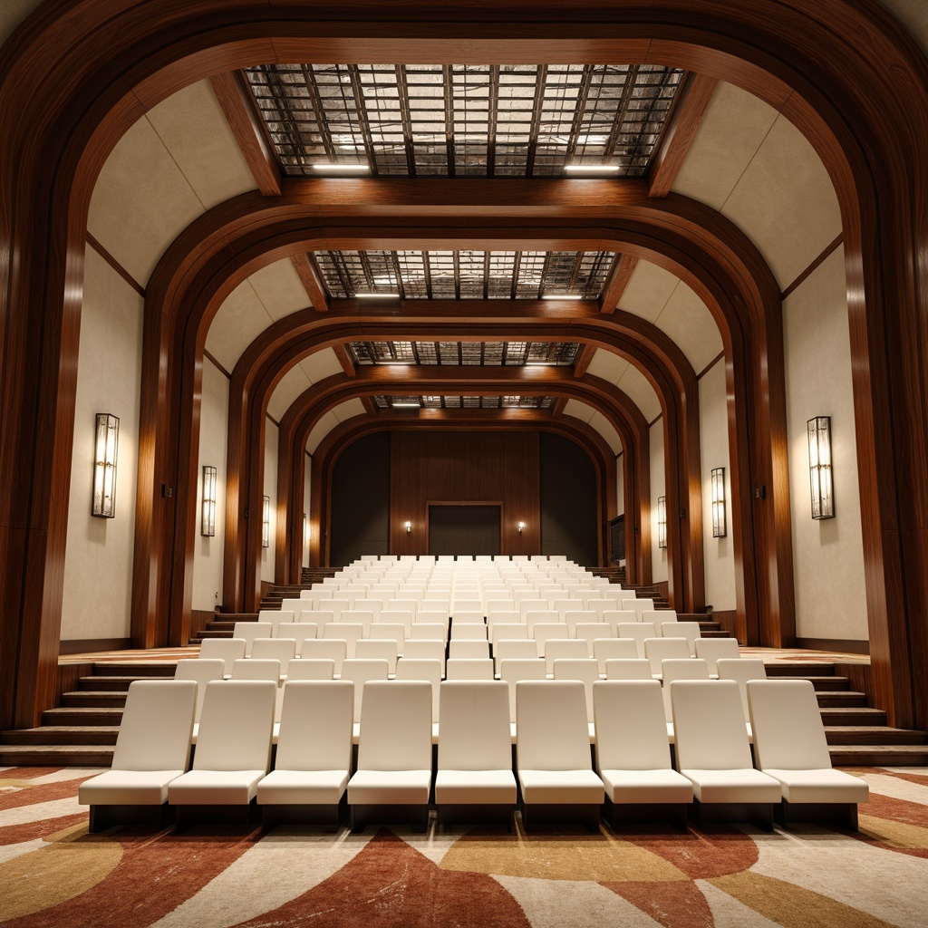 Prompt: Streamlined auditorium interior, curved wooden panels, polished chrome accents, sleek minimalist seating, velvety soft carpeting, rich walnut wood trim, metallic silver ceiling tiles, subtle ambient lighting, warm beige walls, geometric patterned floor lamps, slender steel columns, luxurious cream-colored upholstery, modernist architectural details, sophisticated urban atmosphere, high-contrast color scheme, dramatic spotlights, cinematic 3/4 composition, realistic reflections.