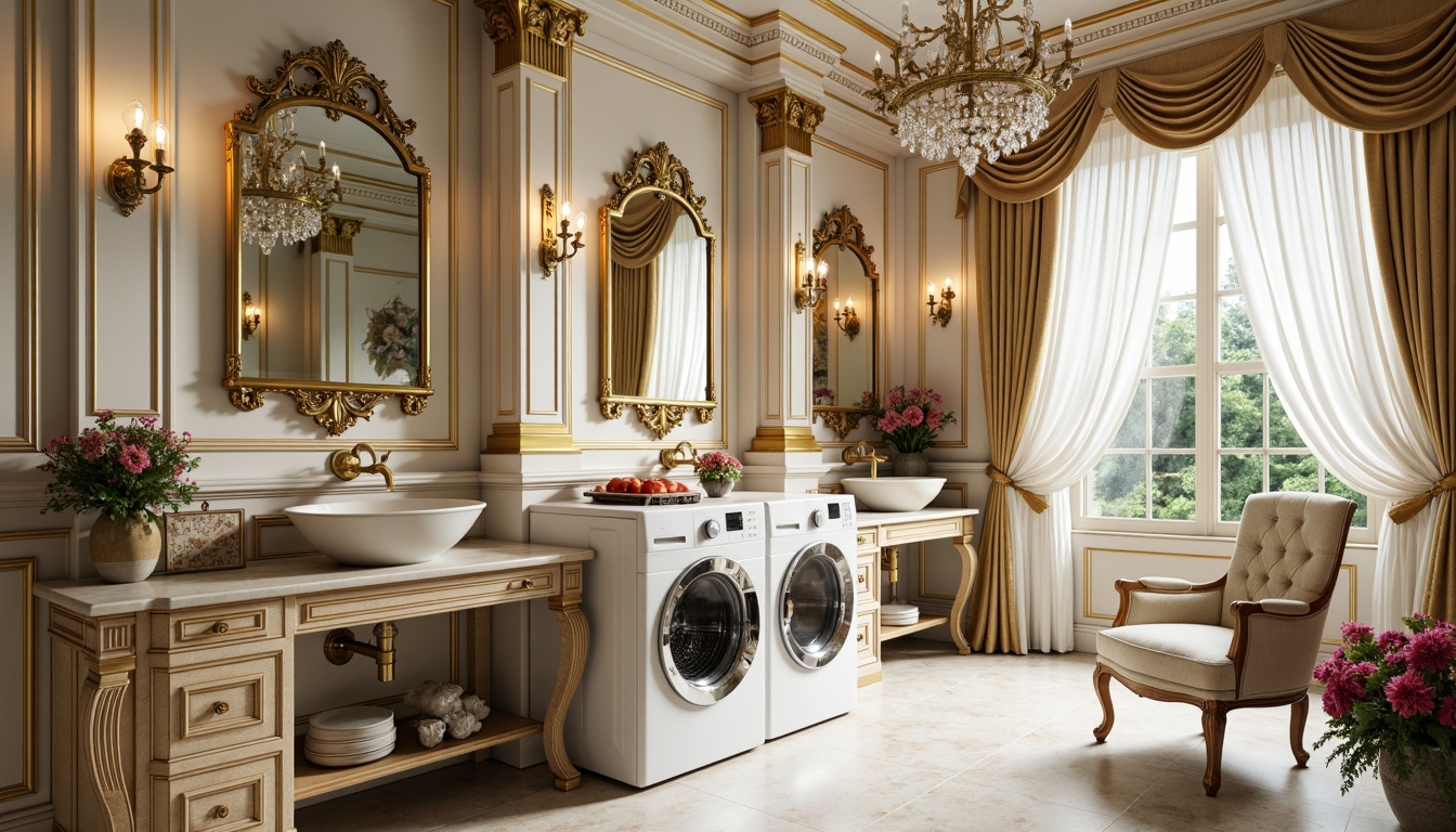 Prompt: Ornate laundry room, golden accents, soft pastel colors, delicate florals, velvet upholstery, curved legs, cabriole chairs, intricate carvings, ornamental mirrors, crystal chandeliers, lavish drapes, marble countertops, porcelain vases, antique washbasins, distressed finishes, elegant molding, Rococo-inspired cabinetry, luxurious textiles, warm soft lighting, shallow depth of field, 1/1 composition, realistic textures, ambient occlusion.