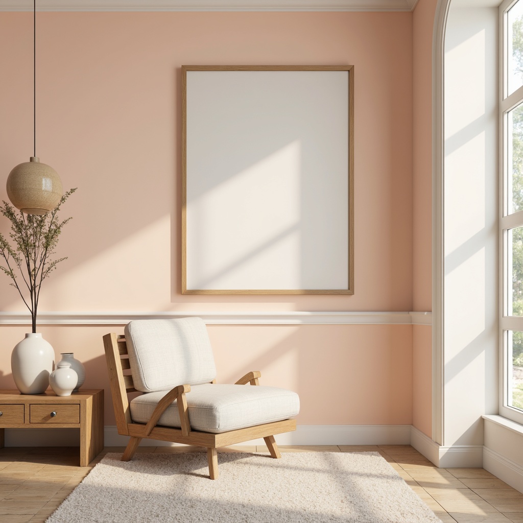 Prompt: Soft peach tones, calming blue hues, creamy whites, warm beige accents, natural wood textures, earthy terracotta shades, subtle golden highlights, delicate floral patterns, gentle gradient effects, soothing pastel colors, serene atmosphere, shallow depth of field, 3/4 composition, panoramic view, realistic renderings, ambient occlusion.