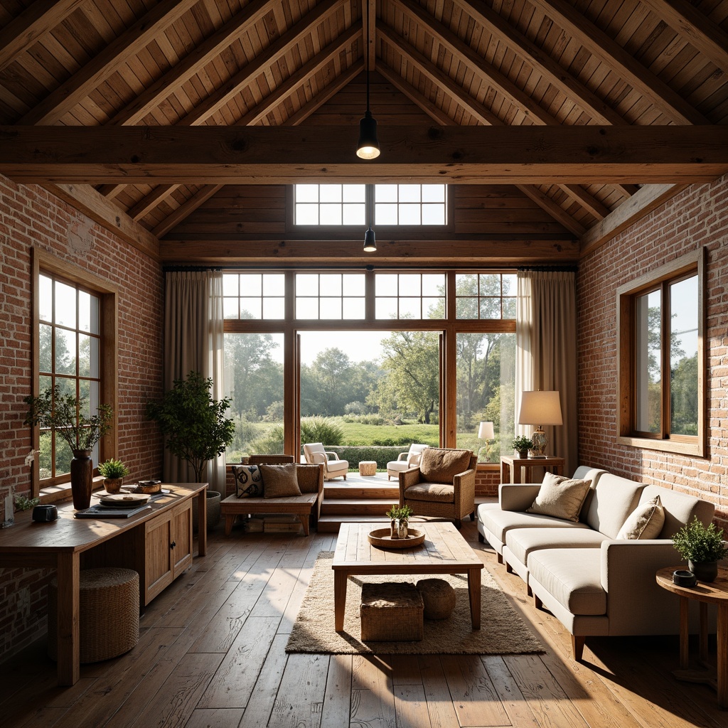 Prompt: Rustic farmhouse interior, wooden beams, exposed brick walls, large windows, sliding glass doors, soft natural light, warm ambiance, earthy color palette, vintage decor, distressed wood furniture, woven textiles, floral patterns, candlelight, gentle shadows, shallow depth of field, 1/1 composition, cozy atmosphere, inviting spaces, country-inspired accents.