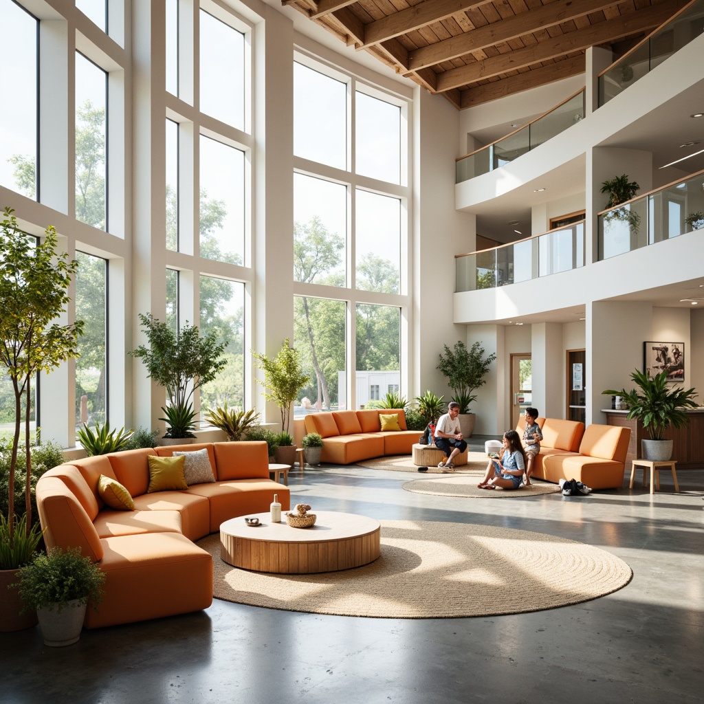 Prompt: Vibrant youth center interior, abundant natural light, floor-to-ceiling windows, minimalist decor, open-plan layout, reflective white walls, polished concrete floors, modern furniture, wooden accents, cozy reading nooks, circular tables, comfortable seating areas, warm color scheme, soft diffused lighting, 1/1 composition, shallow depth of field, realistic textures.