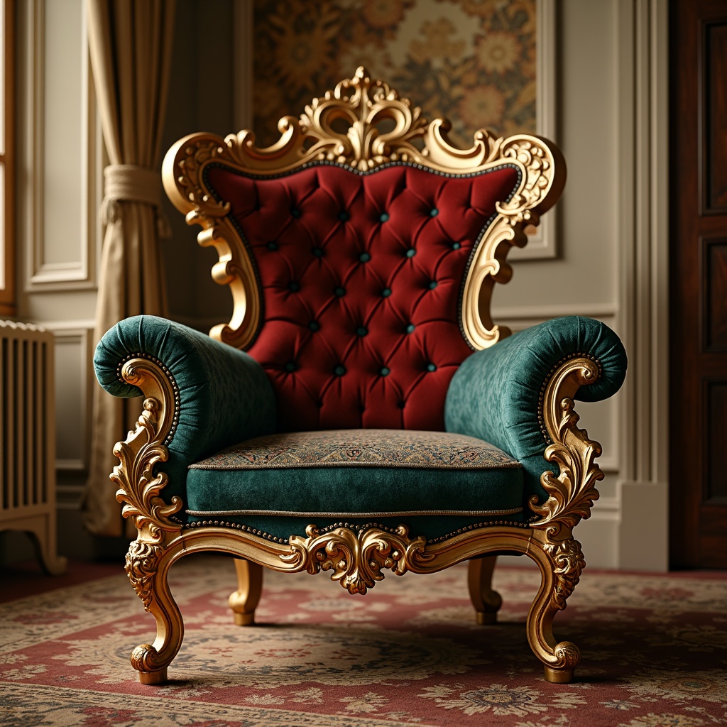 Prompt: Ornate gold-leaf accents, curved velvet upholstery, intricately carved wooden legs, lavish tufting, rich jewel-toned fabrics, gilded metalwork, Rococo-inspired patterns, opulent drapery, grandiose scale, dramatic lighting, warm beige background, highly detailed textures, shallow depth of field, 1/1 composition, realistic reflections, ambient occlusion.