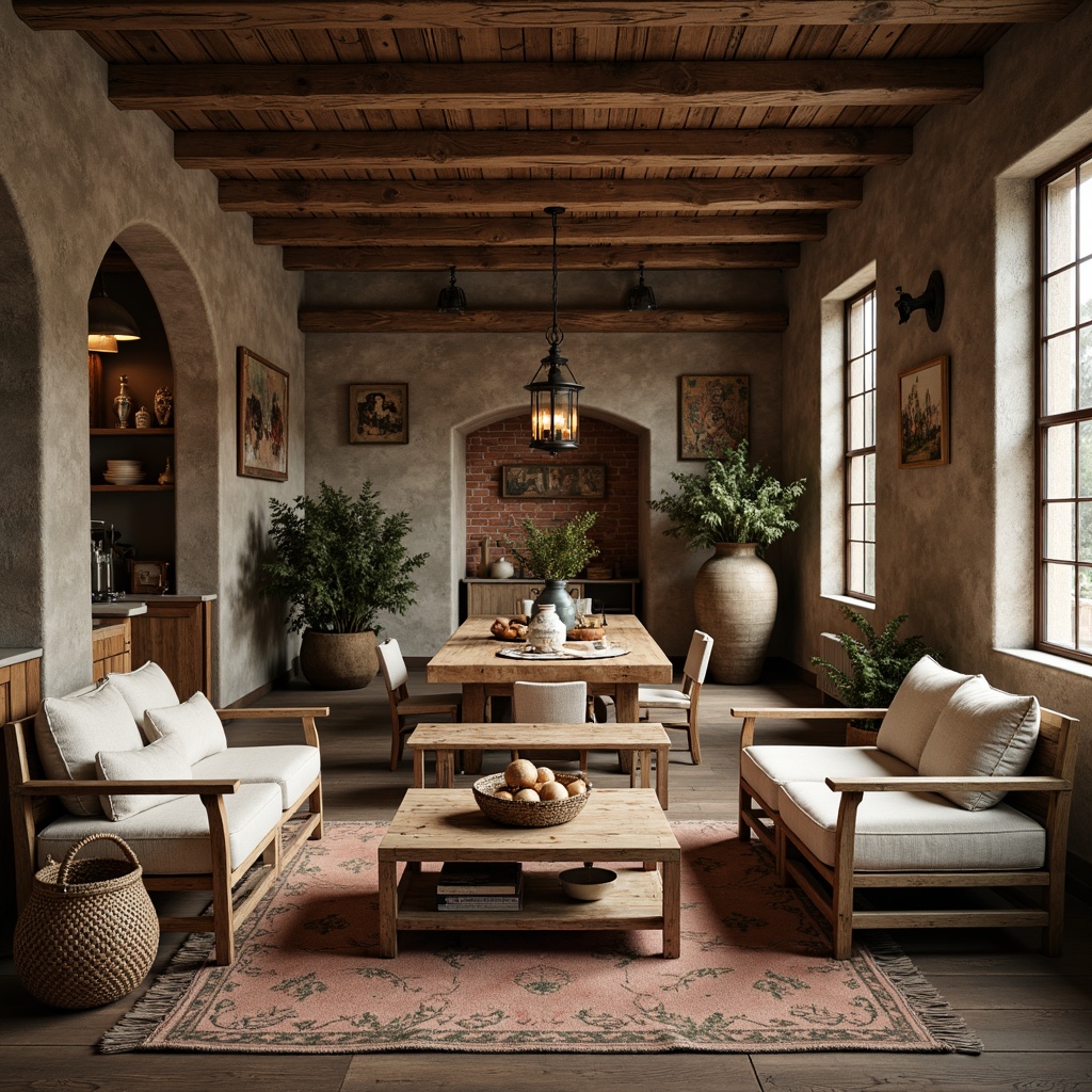 Prompt: Rustic farmhouse interior, vintage wooden furniture, distressed finishes, natural textiles, plush cushions, woven baskets, earthy color palette, exposed brick walls, reclaimed wood accents, metal lanterns, antique decorative items, traditional country patterns, soft warm lighting, shallow depth of field, 1/2 composition, realistic textures, ambient occlusion.