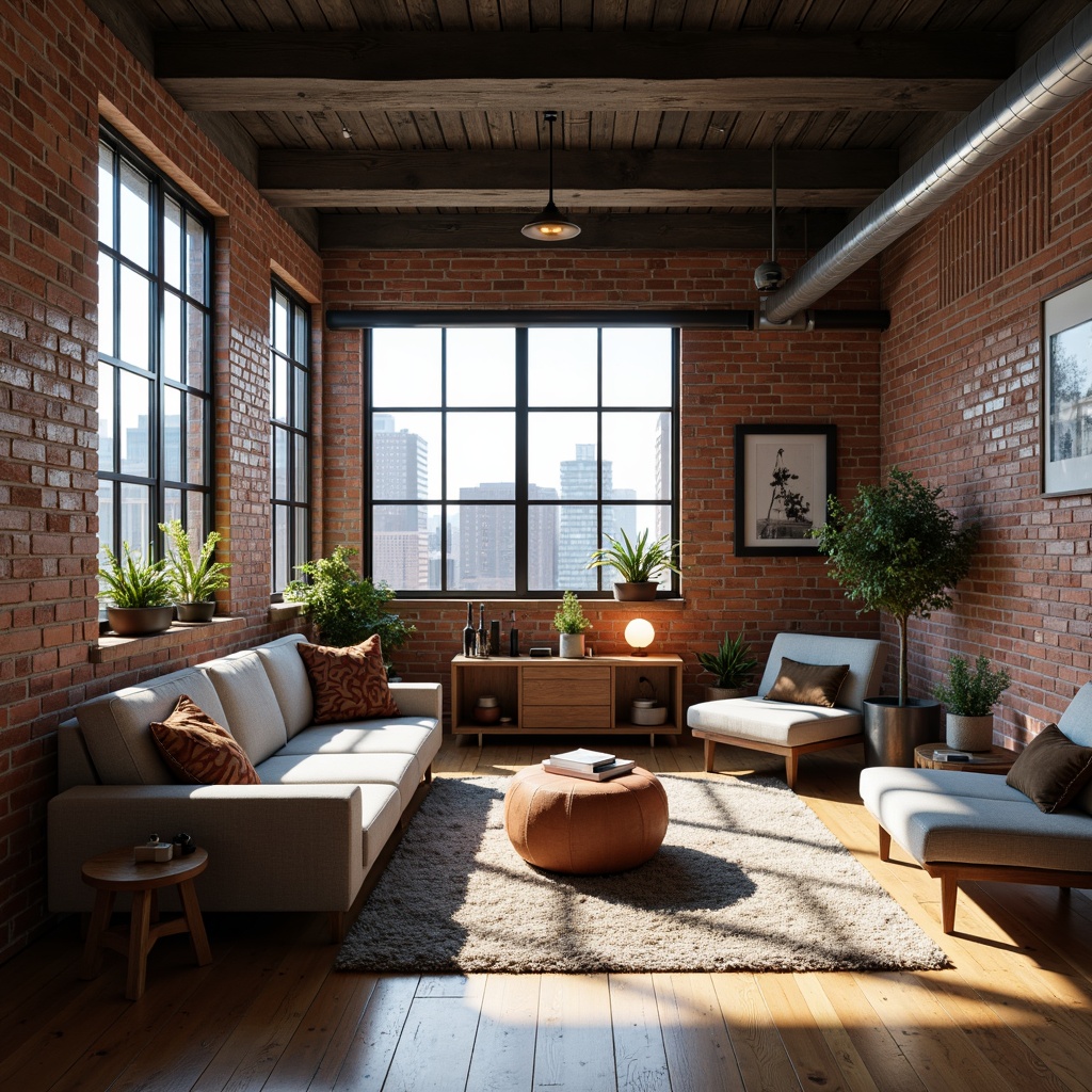 Prompt: Industrial chic loft interior, exposed brick walls, metal beams, wooden floors, minimalist decor, floor-to-ceiling windows, natural light pouring in, soft warm glow, pendant lamps, LED strip lighting, under-cabinet illumination, cozy reading nooks, comfortable sofas, plush area rugs, modern art pieces, urban cityscape views, bright sunny day, shallow depth of field, 1/1 composition, realistic textures, ambient occlusion.