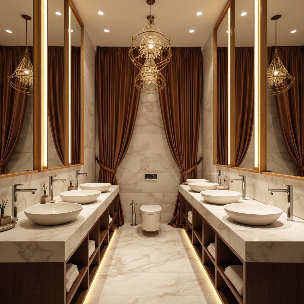 Prompt: Luxurious powder room, sleek modern design, creamy white marble countertops, elegant chrome fixtures, soft ambient lighting, warm golden glow, LED strip lights, minimalist mirrored cabinets, porcelain sink basins, crystal chandeliers, opulent velvet drapes, rich walnut wood accents, subtle fragrance diffusers, intimate setting, shallow depth of field, 1/1 composition, realistic reflections, warm color palette.