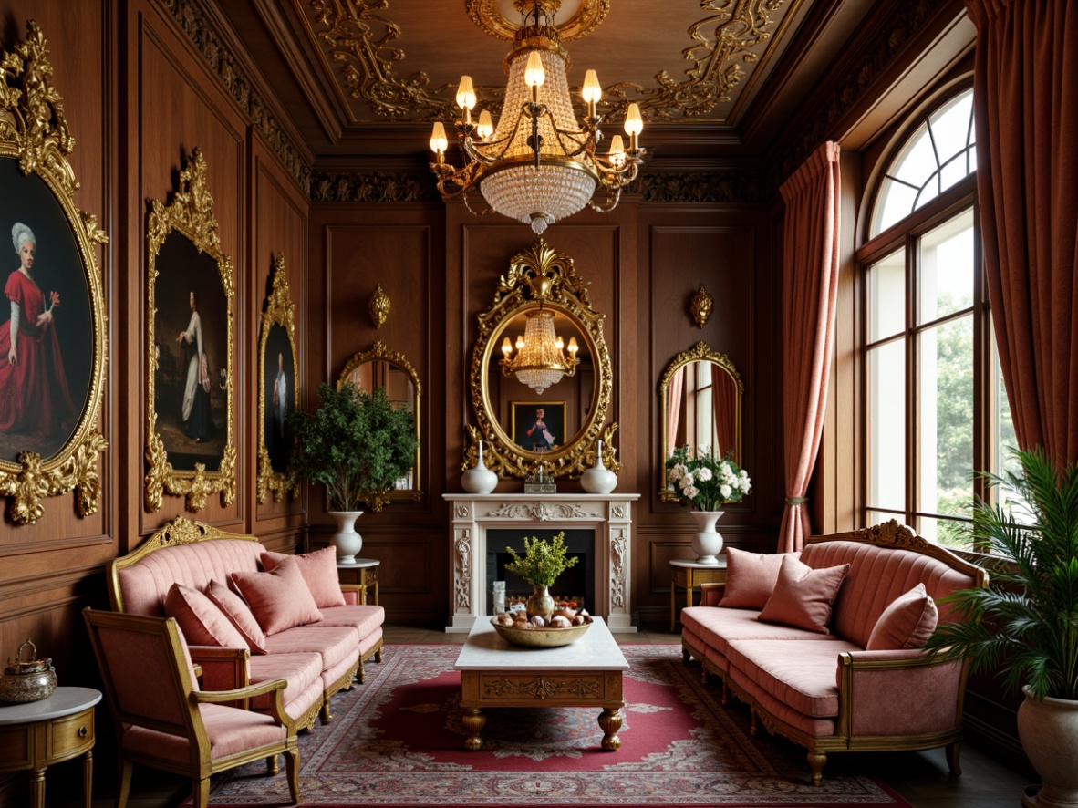 Prompt: Richly ornamented furniture, intricately carved wooden pieces, luxurious velvet upholstery, ornate mirrors, gilded frames, crystal chandeliers, marble-topped tables, tufted sofas, regal armchairs, Renaissance-inspired patterns, floral motifs, warm golden lighting, soft focus, shallow depth of field, 2/3 composition, elegant drapery, lavish textiles, antique artifacts, vintage decorative items.