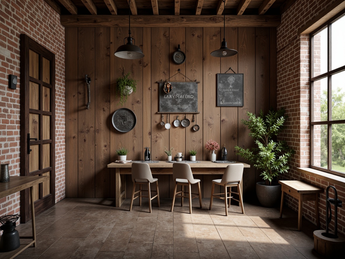 Prompt: Rustic farmhouse walls, distressed wood planks, vintage metal signs, reclaimed barn doors, exposed brick textures, natural stone accents, earthy color palette, warm candlelight, soft shadows, 1/2 composition, cozy atmosphere, realistic weathering effects, ambient occlusion.