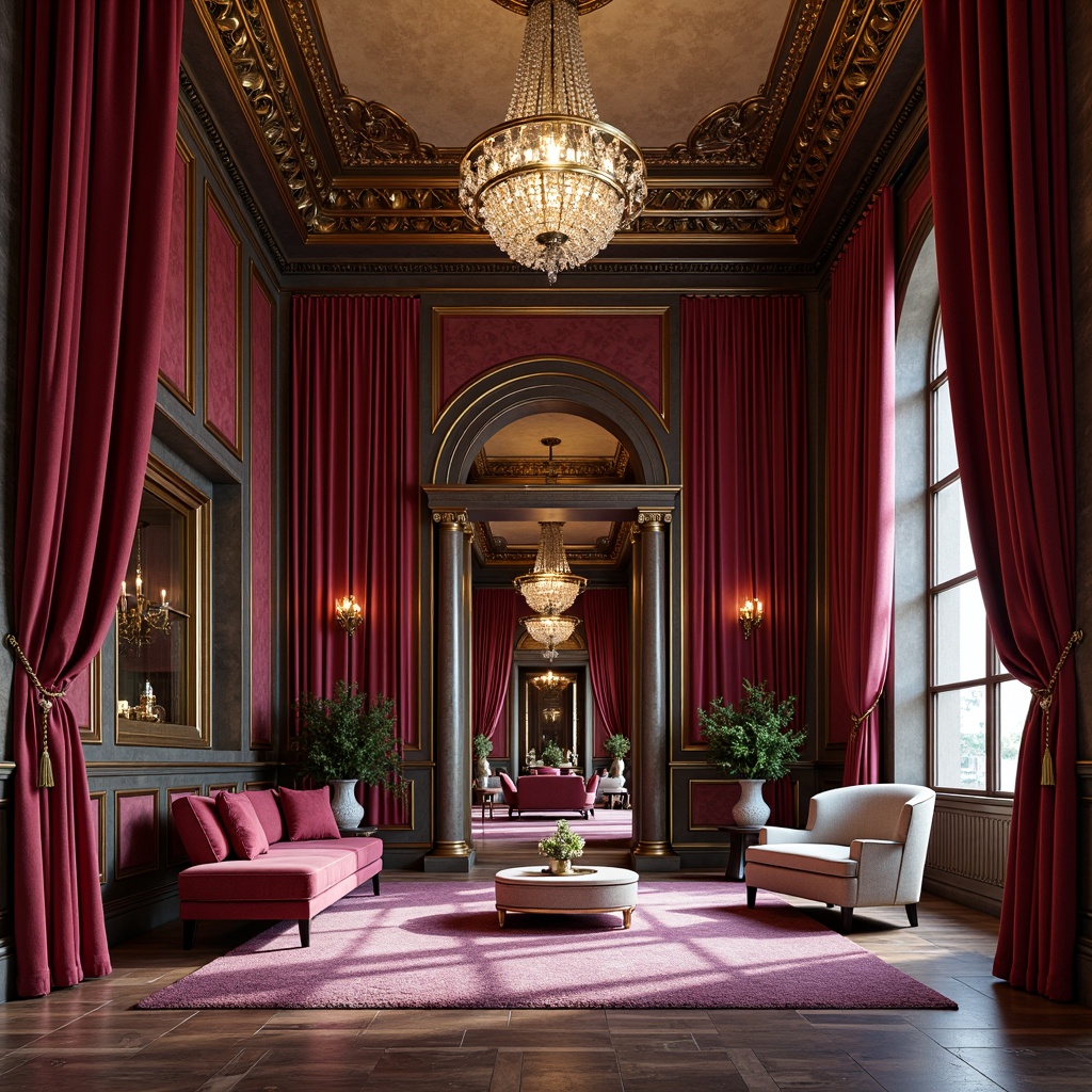 Prompt: Luxurious velvet drapes, rich jewel-toned walls, ornate gold accents, intricate marble patterns, grand crystal chandeliers, lavish furnishings, regal reds, majestic blues, opulent purples, soft creamy whites, warm golden lighting, dramatic shadows, 3/4 composition, symmetrical framing, realistic textures, ambient occlusion.