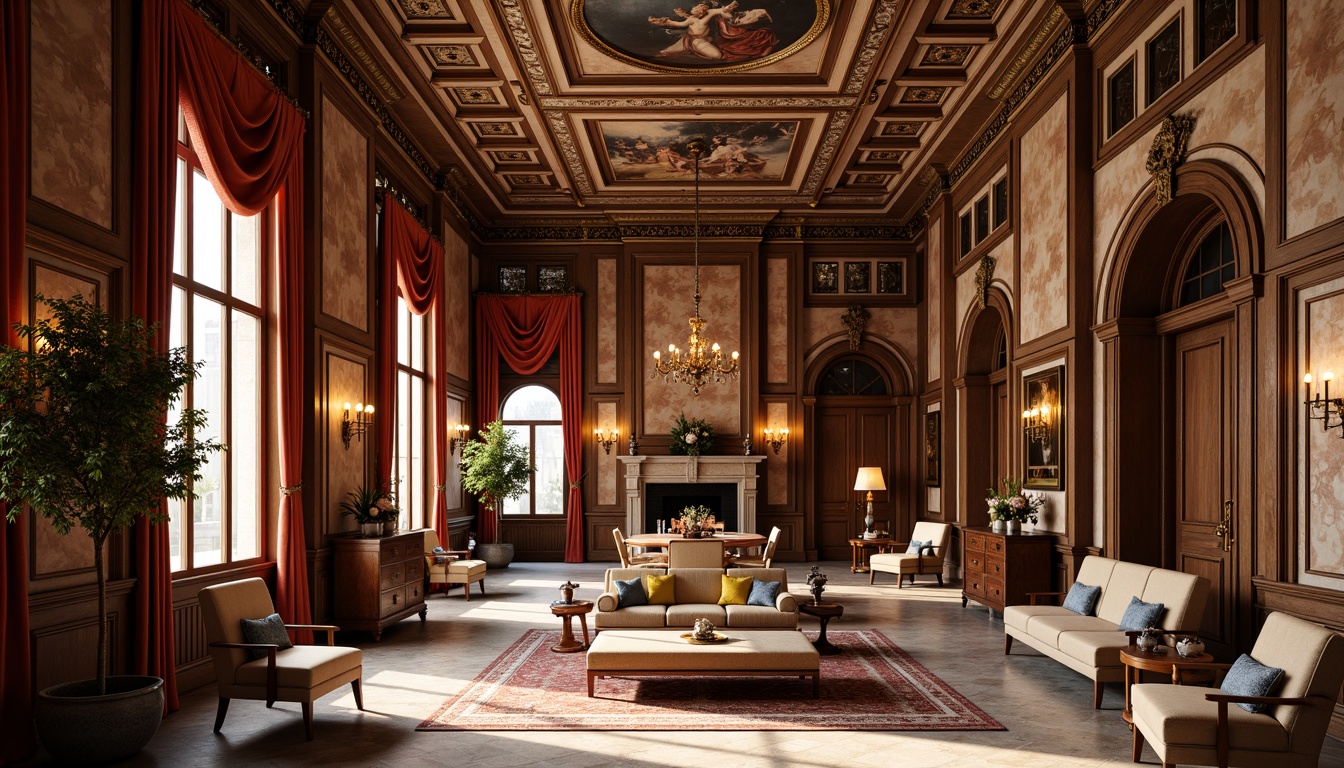 Prompt: Luxurious Renaissance-style interior, rich wood tones, ornate furnishings, intricate carvings, warm golden lighting, lavish velvet fabrics, regal reds, majestic blues, opulent gold accents, subtle cream hues, refined marble textures, elegant archways, grand chandeliers, sophisticated fresco ceilings, ornamental moldings, lavish drapery, soft warm atmosphere, 1/1 composition, dramatic shadows, realistic textures.