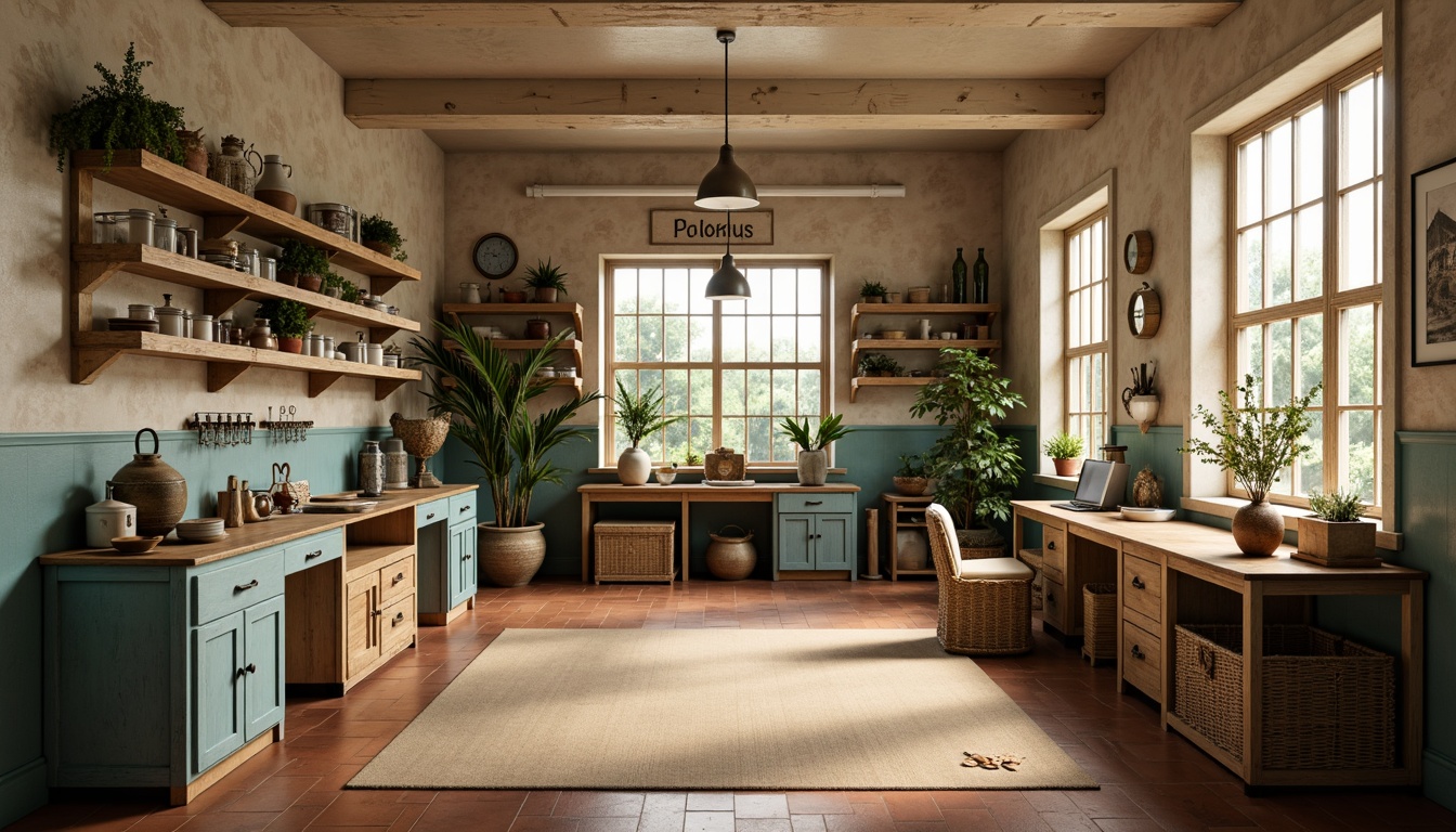 Prompt: Warm beige laboratory walls, soft blue-green accents, earthy terracotta flooring, distressed wooden cabinetry, rustic metal hardware, natural linen textures, woven wicker furniture, vintage apothecary decor, warm task lighting, soft ambient glow, shallow depth of field, 1/1 composition, realistic renderings, atmospheric perspective.