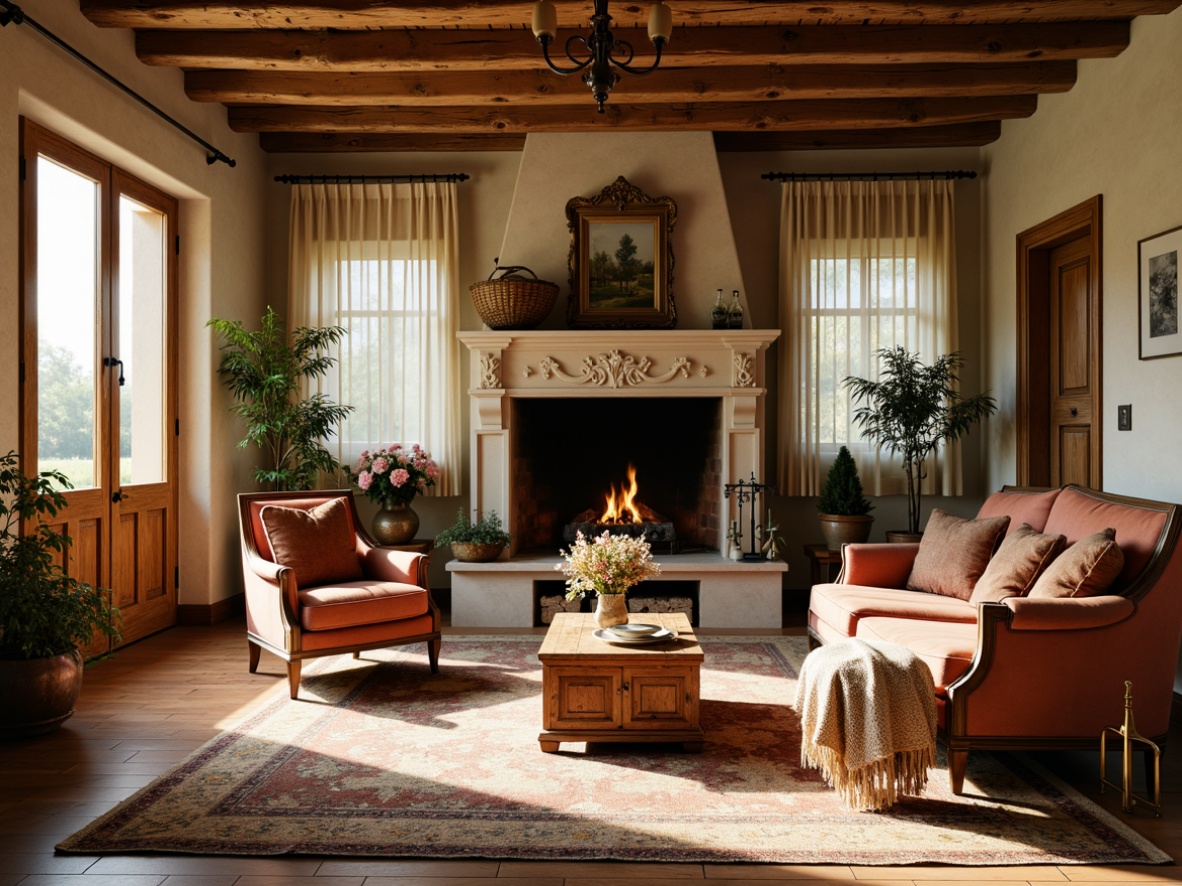 Prompt: Rustic French country style living room, distressed wood furniture, velvet upholstery, ornate carvings, soft golden lighting, warm beige walls, natural stone fireplace, woven baskets, vintage decorative items, floral patterns, lace curtains, antique wooden doors, classic Louis XVI chairs, plush area rugs, fresh flower arrangements, sunny afternoon, shallow depth of field, 1/1 composition, romantic ambiance.