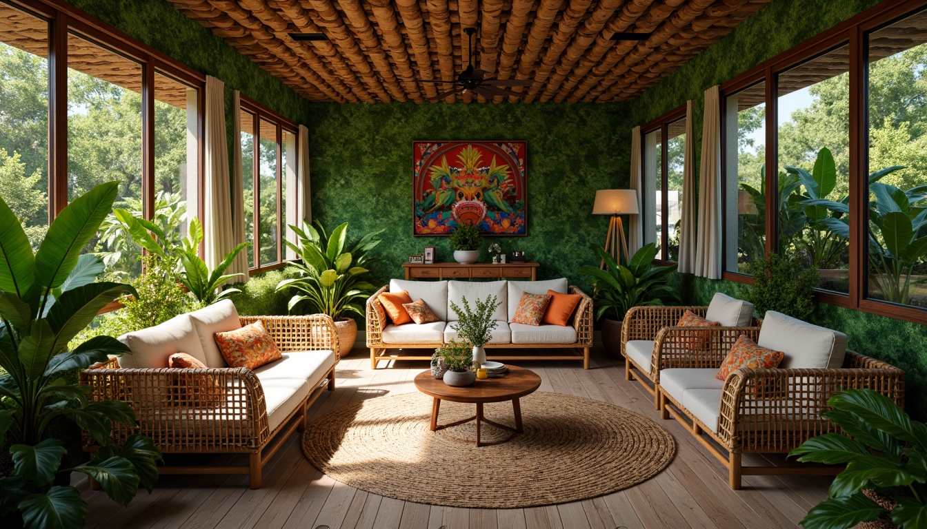 Prompt: Vibrant tropical living room, lush greenery walls, rattan furniture, natural fiber textiles, woven bamboo accents, exotic wooden decor, colorful tribal patterns, oversized leafy plants, floor-to-ceiling windows, sliding glass doors, soft warm lighting, shallow depth of field, 3/4 composition, panoramic view, realistic textures, ambient occlusion.